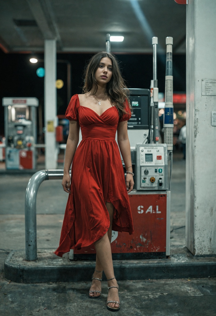 kodachrome,  girl in red dress in a gas station at night on Tensor.Art