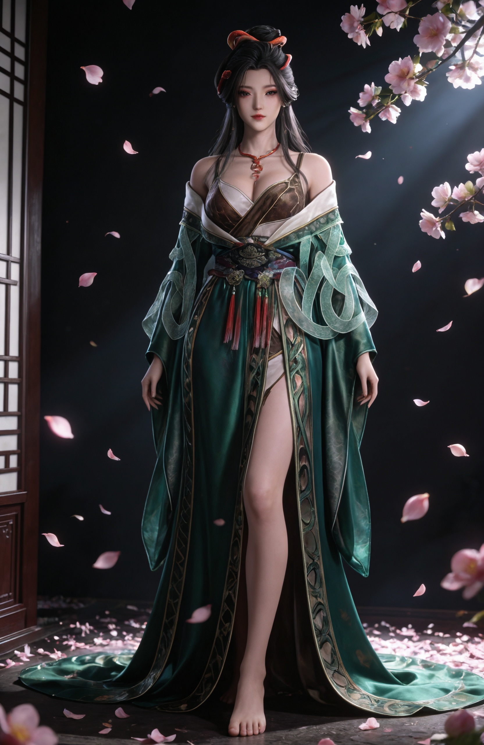 <lora:牧神记-龙娇男IL:0.7> 1girl, long hair, black hair, hair ornament, hair bun,necklace, bare shoulders, chinese clothes, breasts, green dress, off shoulder, sash, bare legs, barefoot,, masterpiece,best quality,amazing quality,very aesthetic,high resolution,ultra-detailed,absurdres,scenery,photorealistic,(looking at viewer:1.1),(Dark room:1.3),(moody lighting:1.1),peach blossom,falling petals,(large breasts:0.8),realistic,photorealistic details,, realistic style,white background,upper body,looking at viewer,dynamic posture,
