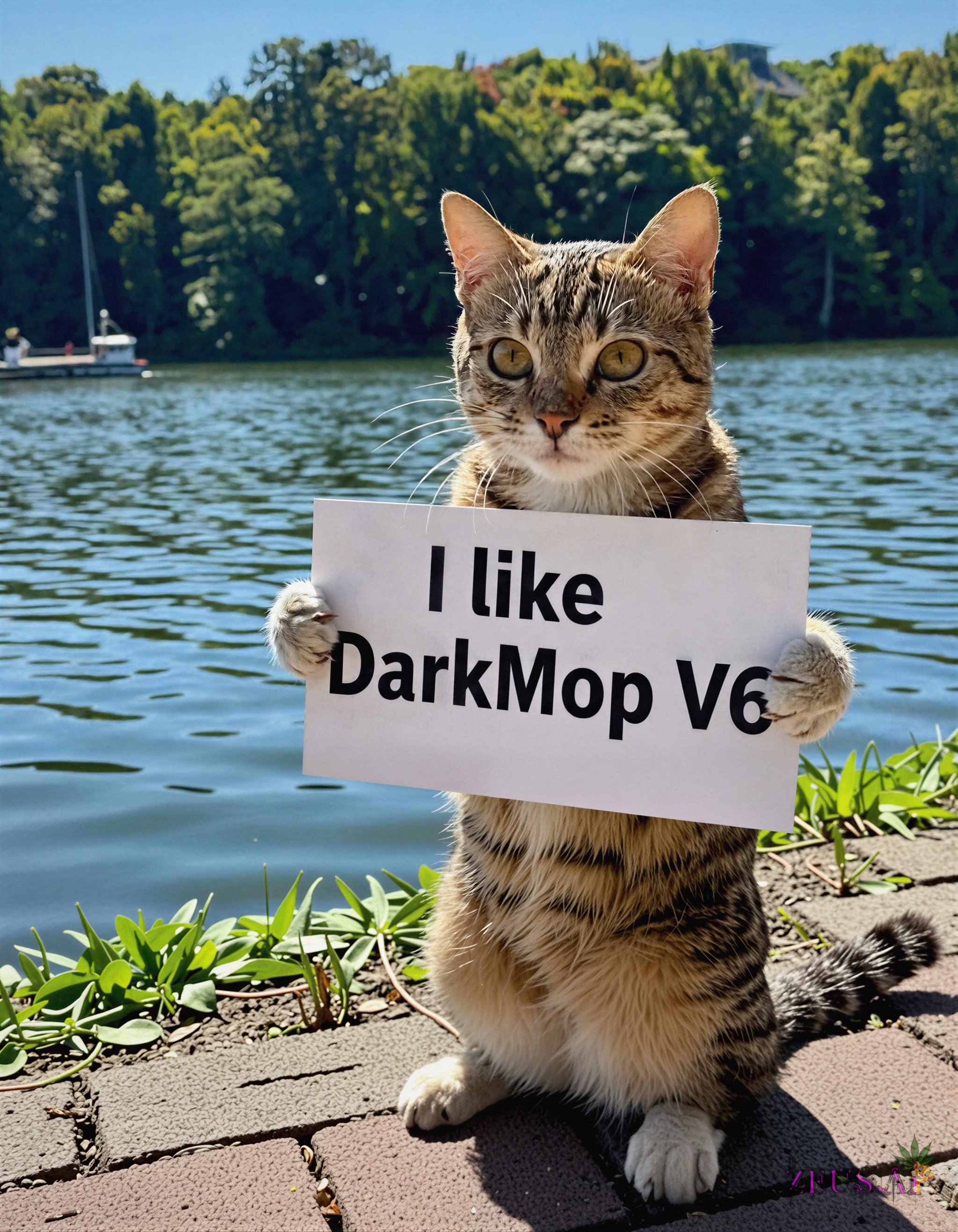 A picture of a cat holding a sign that says “I like DarkMop V6” ,  stands by a lake on a sunny summer day on Tensor.Art