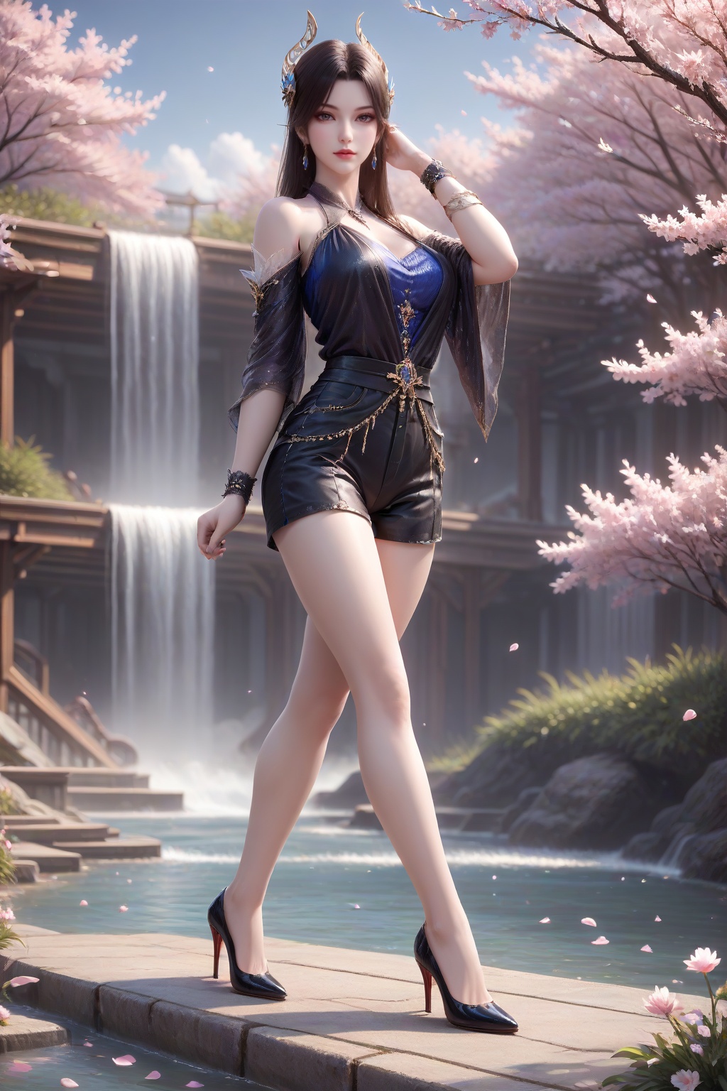 <lora:caoying_v2-000032:0.5>,caoying,1girl,long hair,hair ornament,solo,lips,lipstick,water,earrings,jewelry,falling petals,petals,flower,bare shoulders,brown hair,branch,cherry blossoms,black hair,full body,standing,(legs apart:1.2),looking at viewer,dynamic pose,leaning back,arm support,(outdoors,day,waterfall,sky,cloud,park,park bench,lamppost,),masterpiece,highres,absurdres,best quality,8K,high-res detailed,canonicals,puffy_shorts,looking at viewer,dynamic pose,outdoors,wall,sky,blue sky,cloud,<lora:sh-glossy_r2:0.5>,black_pantyhose,high heels,louboutin heels,black heels,red bottom heels,footwear,<lora:Louboutin_Heels__PONY:0.5>,<lora:LegLength&Muscular_400steps:1.5>,<lora:DetailedEyes_V3:0.5>,