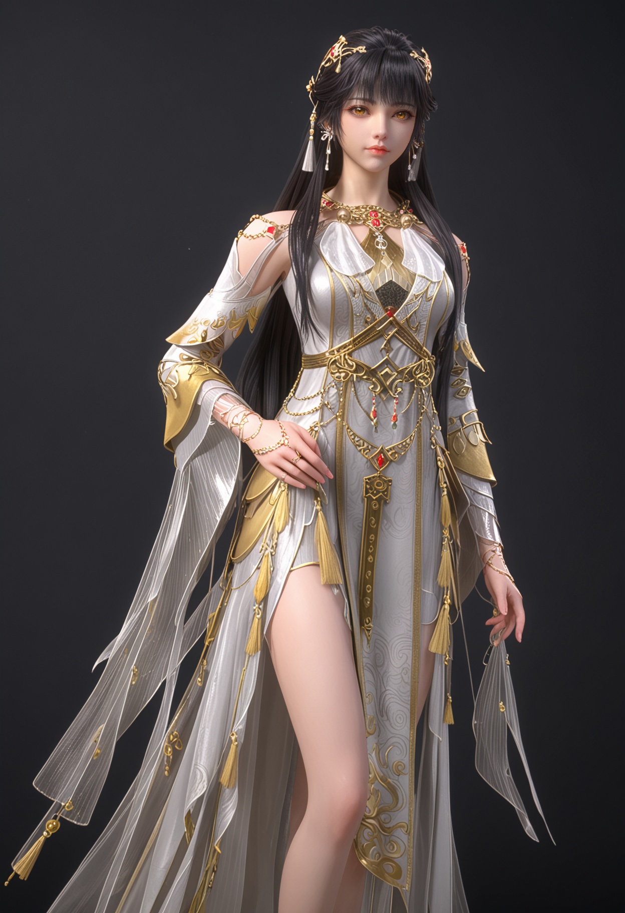 (full_body:1.1),(looking at viewer:1.1),facing viewer,direct gaze,<lora:YQ_pony_baiyuerong_V4:0.8>,1girl,solo,jewelry,long hair,black hair,hair ornament,earrings,yellow eyes,dress,white dress,necklace,brown hair,blunt bangs,long sleeves,detached sleeves,tassel,brown eyes,BREAK (white skin:1.1),(fair skin:1.1),(Ivory skin:1.1),(shiny skin),perfect anatomy,(simple background,pure black background,black background:1.1),