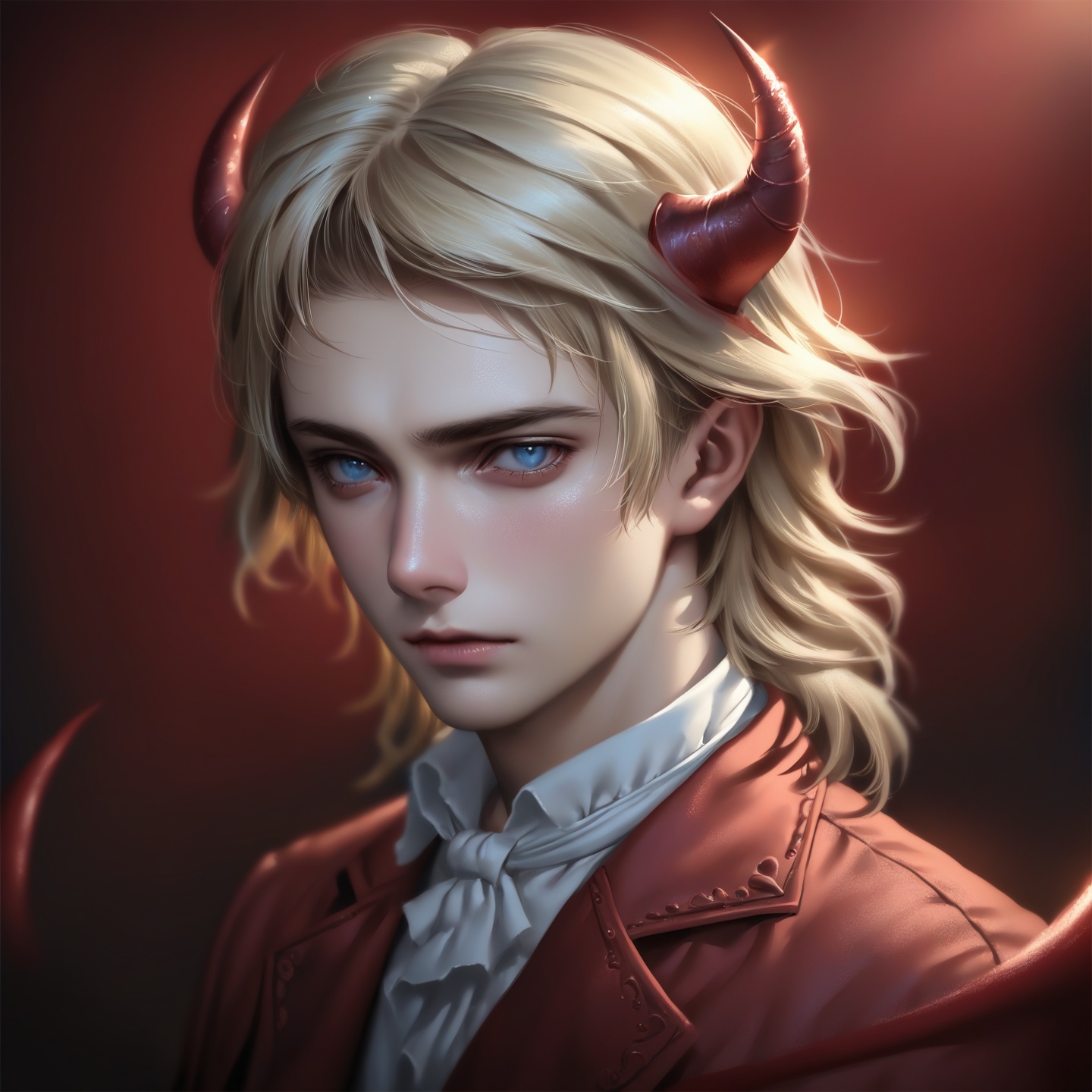 <lora:dl2:0.7>, solo, dante \(devil may cry\), male focus, 1boy, blue eyes, realistic, red background, portrait, blonde hair