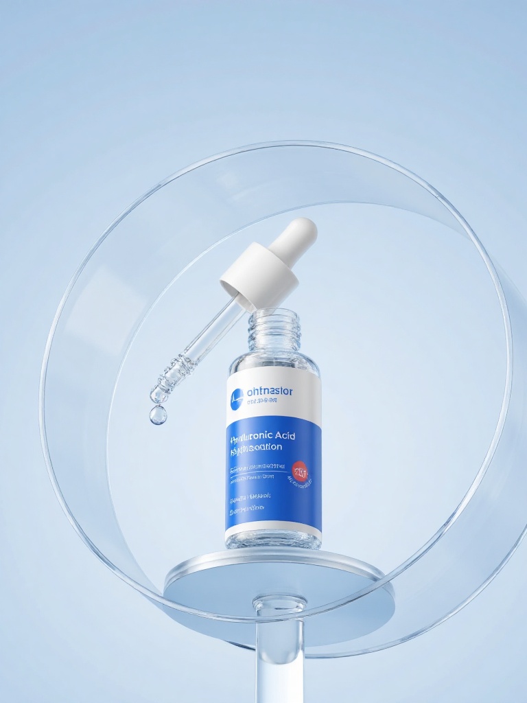 The screen displays a medical hyaluronic acid repair solution product, with a transparent bottle body paired with a white dropper, and a drop of transparent liquid hanging from the tip of the dropper, vividly demonstrating the usage method. The product is placed in a transparent circular display container, with a pure light blue background and a simple and professional overall composition. Through dynamic dripping moments, clear labeling of medical grade ingredients, and laboratory style display containers, the characteristics of this hyaluronic acid repair product that combines medical properties and skincare effects are perfectly presented. The blue and white color scheme further enhances the professional and clean image of the product.