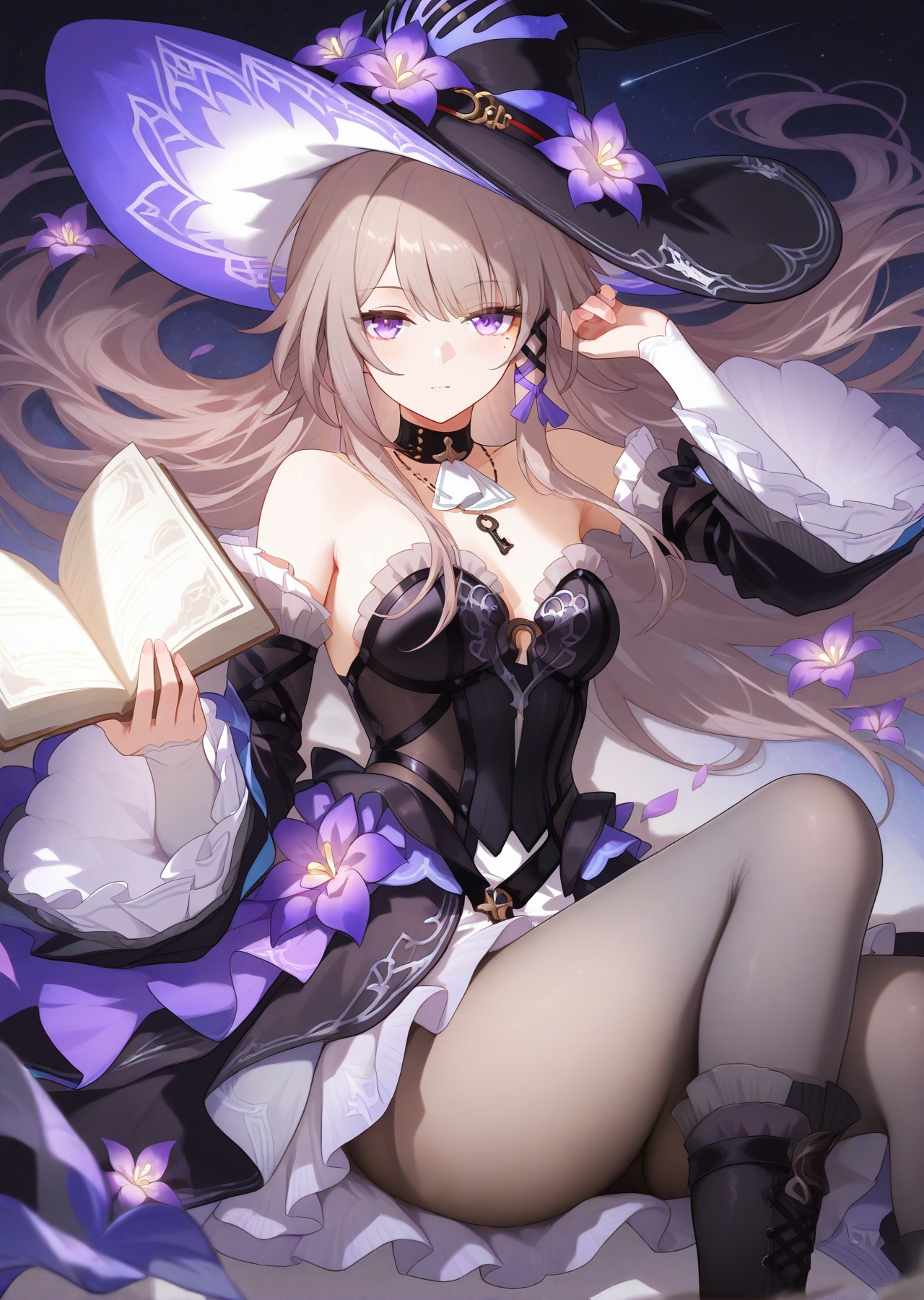 masterpiece,best quality,high quality,<lora:daheita_lora.by_tusi:1>,daheita,1girl,bangs,bare shoulders,black dress,black headwear,blonde hair,book,boots,brown hair,daheita,flower,grey hair,hair ornament,hair ribbon,hat,holding,long hair,long sleeves,looking at viewer,mole under eye,necklace,open book,purple eyes,purple flower,solo,thighs,witch hat,pantyhose,grey thighhighs,