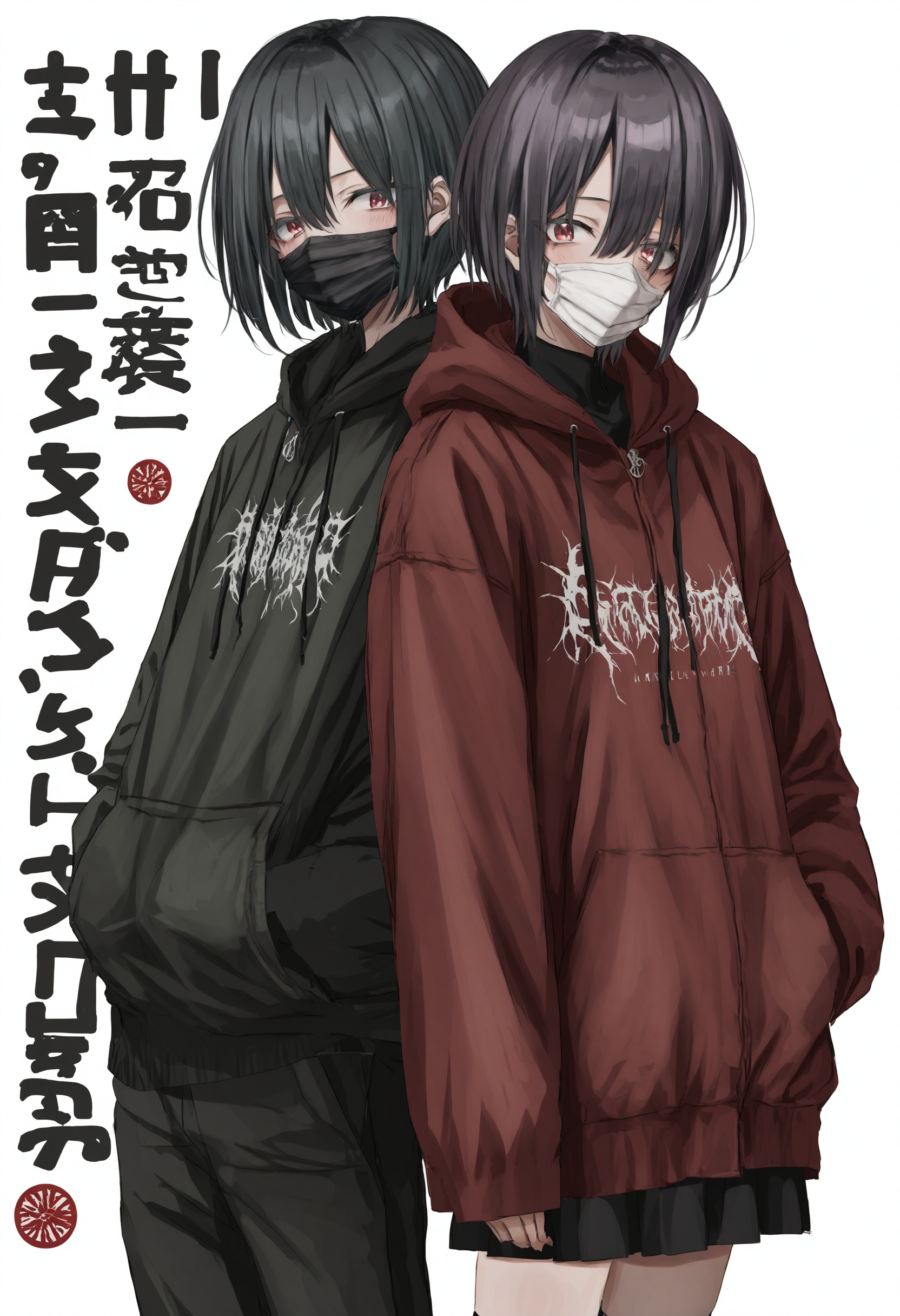 1girl, 1boy, kirishima touka, kaneki ken,   short hair, black hair, red eyes, hair over one eye, thighhighs, mask, white background, hand in pocket, simple background, looking at viewer, hood, jacket, alternate costume, parted bangs, hands in pocket, mouth mask, copyright name, frown, brown eyes, eyelashes, masterpiece, best quality <lora:GUXLlokr8f-000183:0.95>