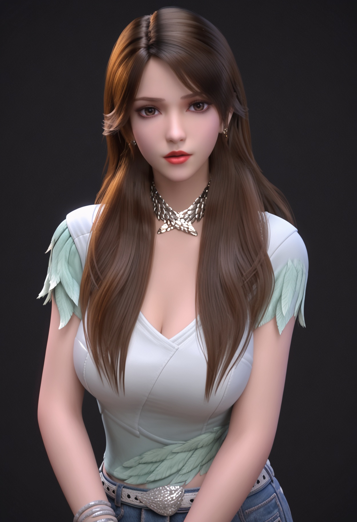 score_9,looking_at_viewer,upper body,(large breasts:0.8),1girl,solo,brown hair,long hair,realistic,brown eyes,lips,jewelry,earrings,shirt,necklace,red lips,denim,shorts,belt,high heels,(simple background,pure black background,black background:1.1),perfect_anatomy,<lora:QQSponybaizhiV1:0.8>,