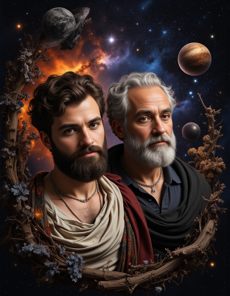F1AlistdBolatu,A cosmic portrait of two historical figures, set against a backdrop that merges classical art with modern astronomy.,<lora:FLUX.阿里斯多德＆柏拉图F1AlistdBolatu:1>,