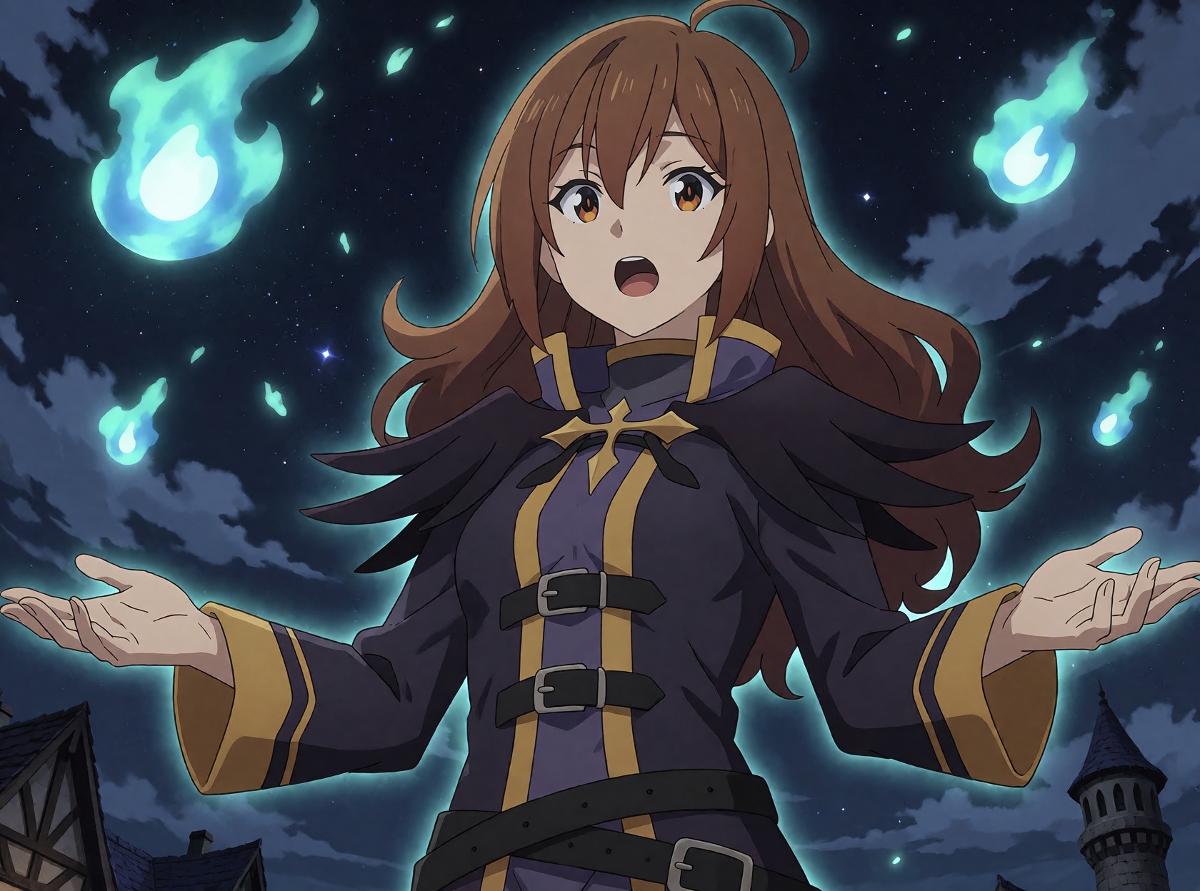 Wiz,  an ***** woman from KonoSuba,  stands with both arms stretched wide and her palms turned up beneath a deep blue nigh...