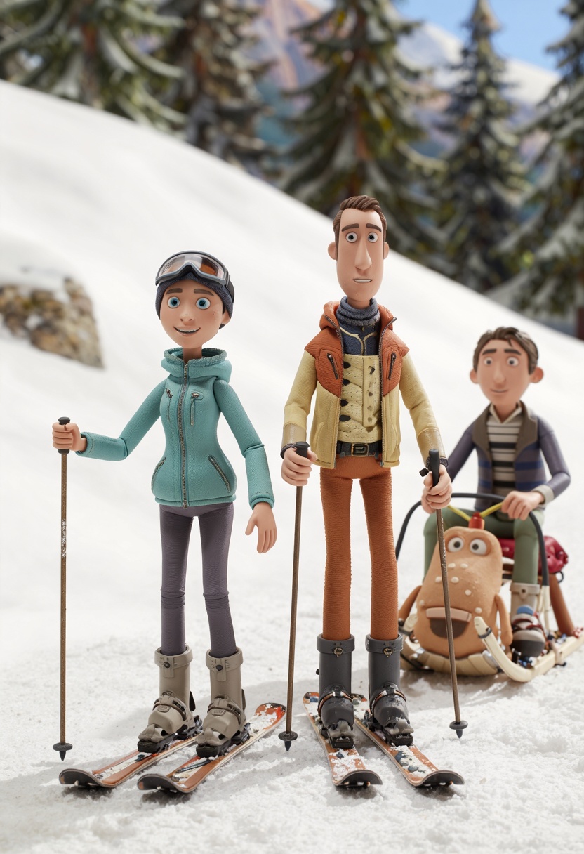 claymation,  a Swedish light-skinned ***** female in her late 20s wearing a ski jacket and goggles standing front left,  a...