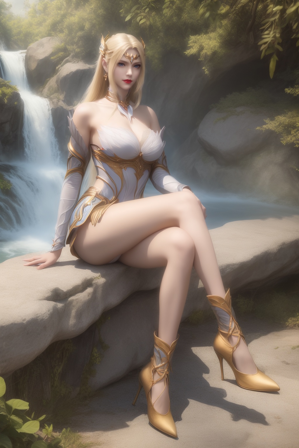 ultra realistic 8k cg,flawless,clean,masterpiece,professional artwork,famous artwork,perfect face,beautiful face,best quality,full_shot,absurdres,shenfengQianRenXue,1girl,solo,armor,dress,sitting,crossed legs,feathers,blonde hair,blue eyes,detached collar,detached sleeves,circlet,torogao,smile,makeup,red lips,breasts,large breasts,jewelry,earrings,hair ornament,(outdoors:1.4),water,waterfall,butterfly,flower,long hair,realistic,looking at viewer,boots,high heels,<lora:shenfengQianRenXue_20240104234202-000004:0.7>,