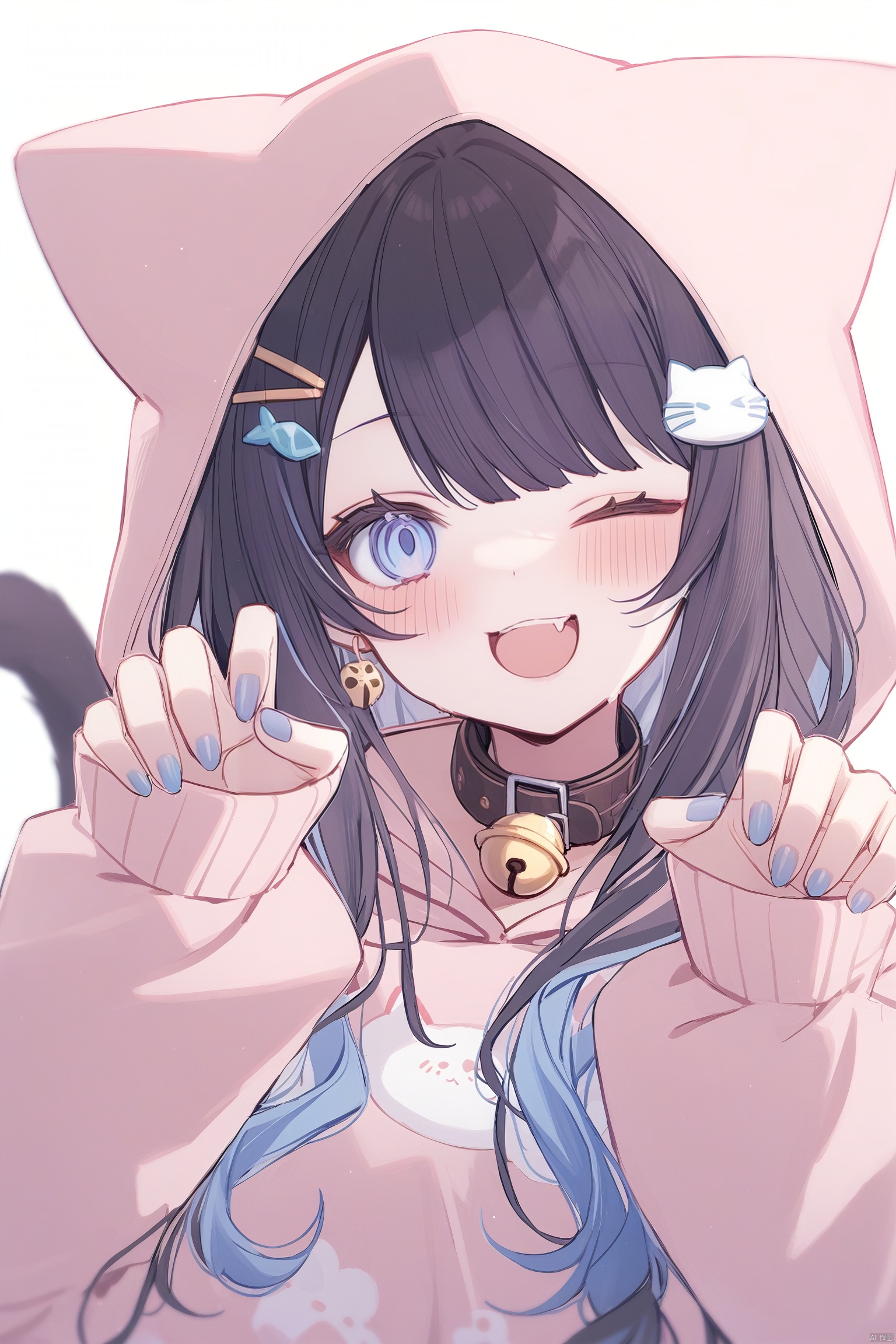 1girl, solo, long hair, looking at viewer, blush, smile, open mouth, bangs, blue eyes, black hair, hair ornament, long sleeves, white background, animal ears, jewelry, blue hair, tail, upper body, multicolored hair, earrings, one eye closed, teeth, hairclip, fang, cat ears, hood, nail polish, collar, cat tail, head tilt, hands up, bell, hoodie, ;d, jingle bell, neck bell, hood up, blue nails, paw pose, animal hood, claw pose, paw print, cat hood, pink hoodie, fish hair ornament