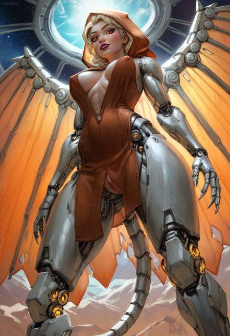 score_9, score_8, score_7, score_6_up, score_5_up, Female cyborg, dark orange eyes, chupacabra features, cybernetic enhancements, visible mechanics under flesh, organic and mechanical parts, super-sized breasts, enlarged nipples, engorged areolas, hooded clitoris, dress with plunging side cutouts, frozen statue pose, museum exhibit display, low angle shot, outer space background, hair intakes, cybernetic legs, metallic skin texture, glowing cybernetic implants, alien landscape, cybernetic claws, cybernetic tail, cybernetic wings,