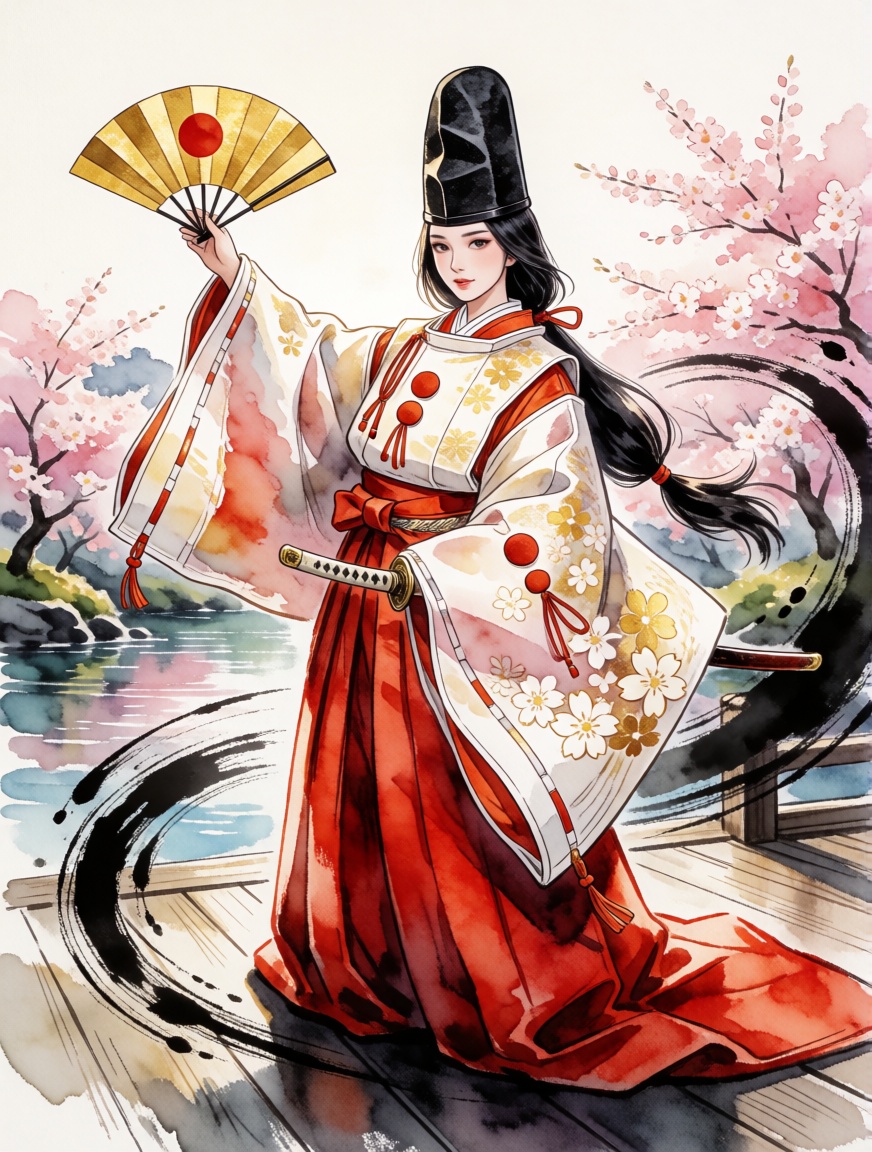 shirabyoshi,  An artistic,  anime-style digital watercolor illustration of a beautiful young woman dressed as a shirabyosh...
