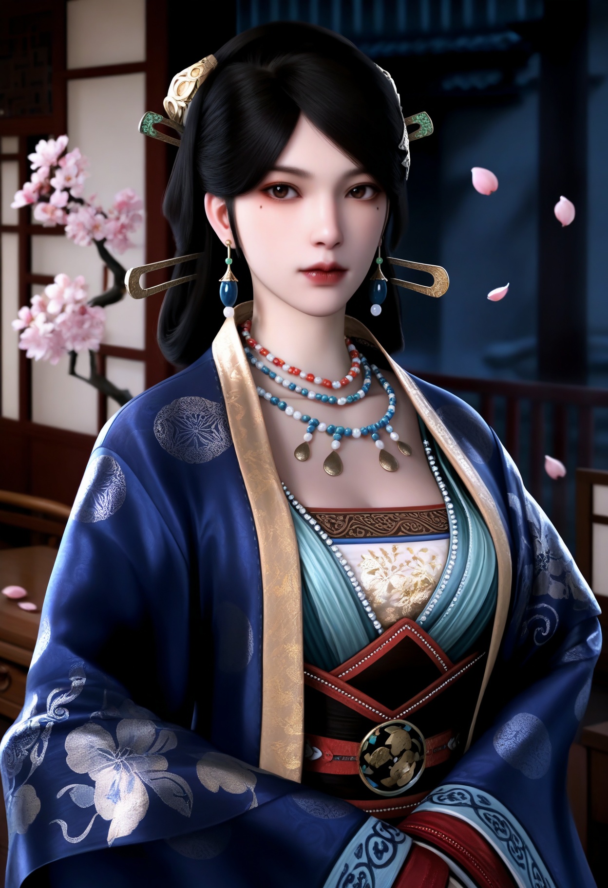 masterpiece,best quality,amazing quality,very aesthetic,high resolution,ultra-detailed,absurdres,scenery,photorealistic,(looking at viewer:1.1),upper body,(Dark room:1.3),(moody lighting:1.1),peach blossom,falling petals,(large breasts:0.8),wenluoyu,1girl,solo,black hair,long hair,hair ornament,jewelry,earrings,chinese clothes,necklace,realistic,brown eyes,lips,mole under eye,hanfu,long sleeves,closed mouth,wide sleeves,red lips,pearl necklace BREAK photorealistic details,<lora:QQSillwenluoyuV1:0.8>,