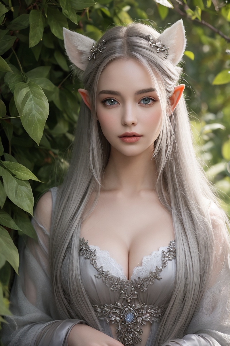 bestquality,masterpiece,girlwithreallywildhair,mane,multicoloredhair，realistic, photorealistic,Warm lighting,NOISE OFFSET,1girl,upper body, facing straight, (looking at viewer), medium breasts, collarbone,cleavage,black （front-tie ）The gentle sunshine and natural scenery under the sunlight: The sunshine is a source of vitality for life. It shines on all things in nature, makes all plants and trees full of vitality, and gives natural scenery a gentle and warm aesthetic.Elves are common creatures in mythology and fantasy, and their appearance is described as having slim and graceful figures, long ears, and narrow eyes. Their skin tone is usually pale, light gray or silver-white, and very smooth. Their hair is typically light-colored or silver-white, long, and soft. Their fingers and toes are very slender and extremely dexterous. In terms of perfect body proportions, they are usually more slender than humans, making them more elegant in movement.Elves have a very beautiful facial appearance, with beautifully shaped lips, a high and straight nose, and narrow and mysterious eyes. They pay great attention to their appearance and always wear exquisite clothing and jewelry. They often use many patterns and jewelry with embedded gemstones to showcase their nobility and elegance. Overall, the appearance of elves is described as very beautiful and dignified, which is a classic image in fantasy culture.