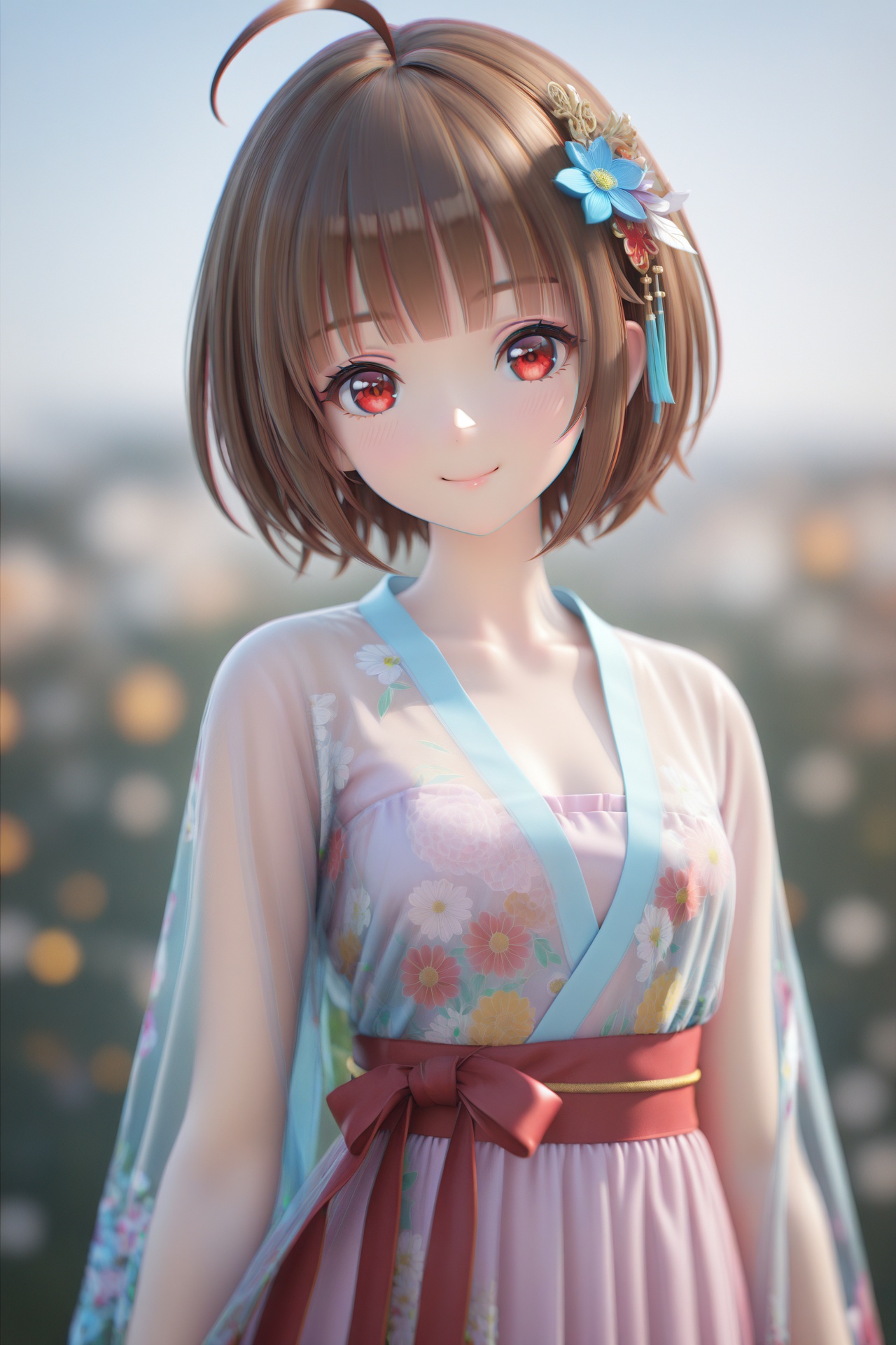 (masterpiece),(best quality),illustration,ultra detailed,hdr,Depth of field,(colorful),(chromatic aberration),mmd,1girl,solo,red eyes,looking at viewer,hair ornament,short hair,upper body,brown hair,blurry,ahoge,bangs,chinese clothes,see-through,depth of field,hanfu,smile,floral print,closed mouth,