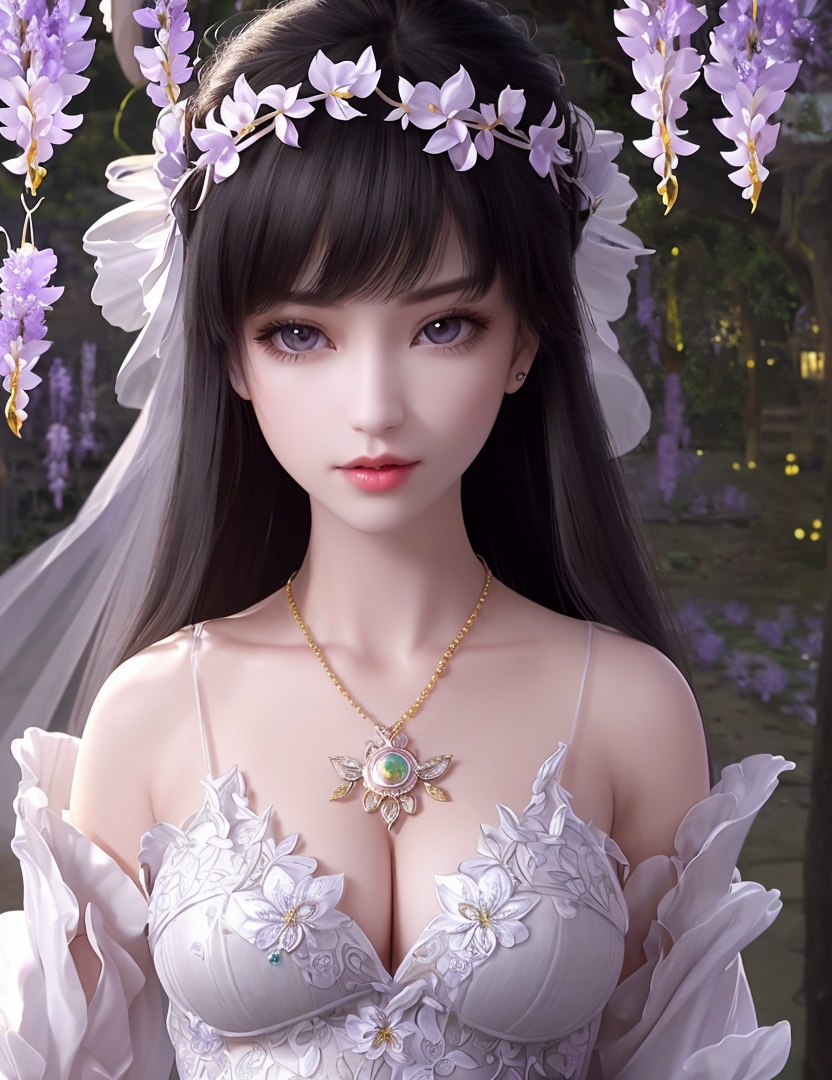 ultra realistic 8k cg, picture-perfect face, flawless, clean, masterpiece, professional artwork, famous artwork, cinematic lighting, cinematic bloom, perfect face, beautiful face, fantasy, dreamlike, unreal, science fiction,   lace, lace trim, lace-trimmed legwear,  (rich:1.4), prestige, luxury, jewelry, diamond, gold, pearl, gem, sapphire, ruby, emerald, intricate detail, delicate pattern, charming, alluring, seductive, erotic, enchanting, hair ornament, necklace, earrings, bracelet, armlet,halo((,1girl, pov,))(((1girl, jewelry, solo,breasts, looking_at_viewer,  outdoors,  full moon,  upper body, wisteria, chloris garden,  cherry blossoms, )))    <lora:DA_YueChanTeen:0.6>