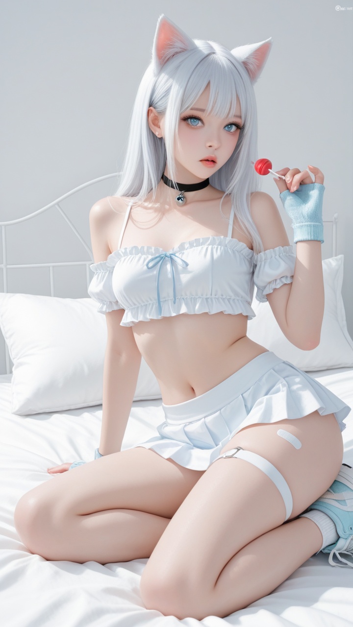 This is a digital anime-style illustration of a cute,  young,  white-haired girl with cat ears and light blue eyes. She is...