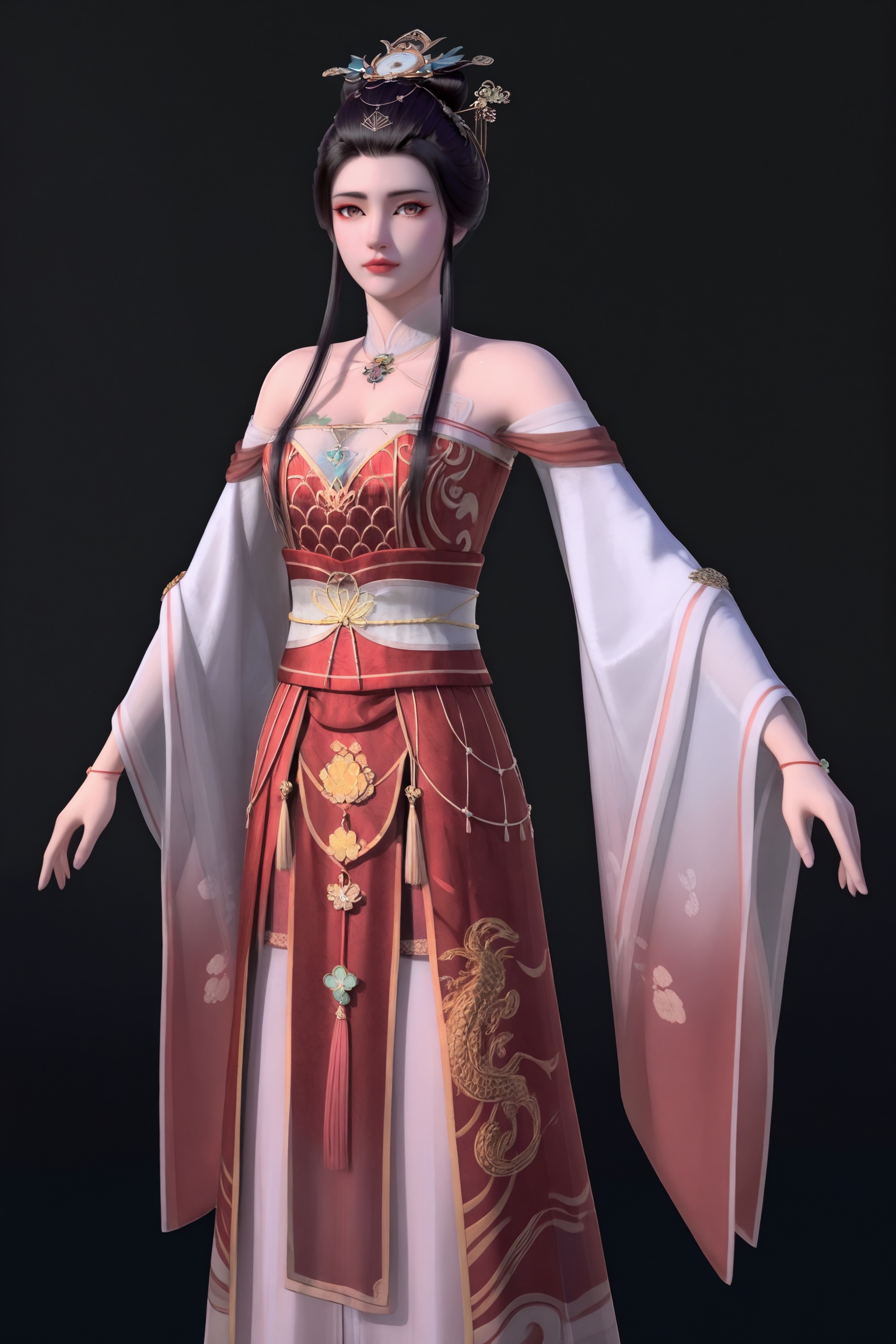 black background,standing,looking at viewer,1girl,bhh\(sngx\),hair ornament,hair bun,black hair,long hair,jewelry,chinese clothes,red dress,long,white sleeves,sash,wide sleeves,see-through,cleavage,bare shoulders,dragon print,tassel,