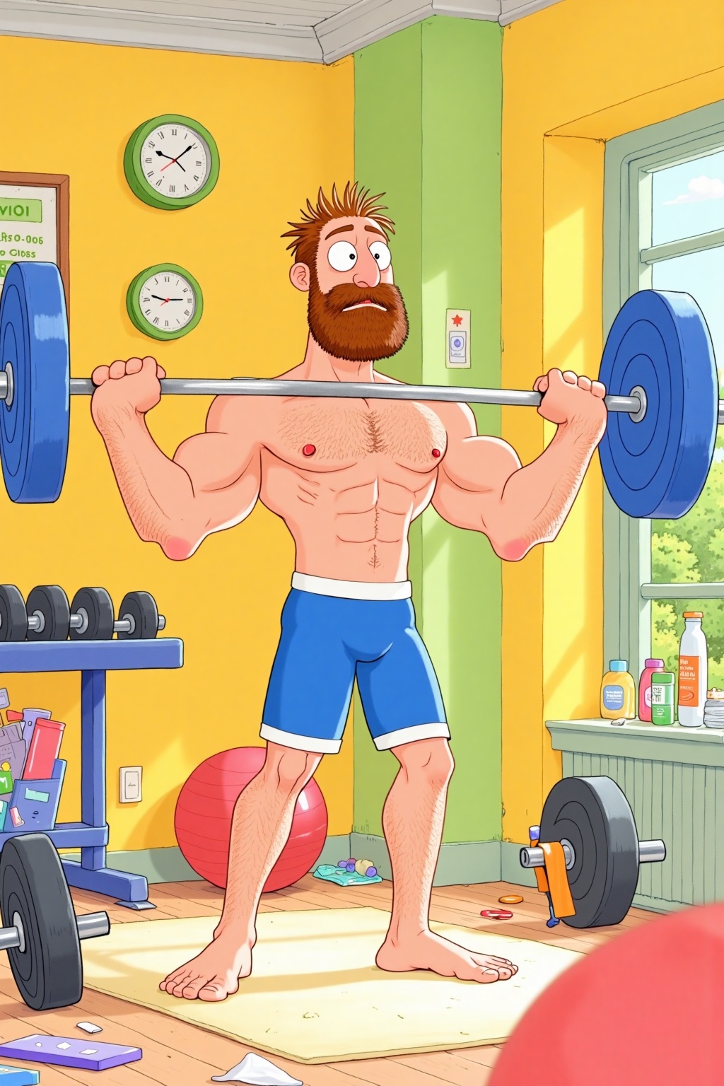 beijihui,A cartoon image of a man lifting a barbell in a gym. The man has a beard and mustache,and is wearing blue shorts with white trim. The barbell is blue,and the man has no shirt on. The wall behind the man is a bright yellow,and there is a window on the right side of the image. There are dumbbells on the left and right of the man. There is a red ball on the floor to the left of the barbells.,