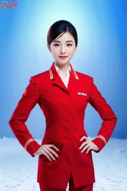 1 girl, full body, high quality face, high detailed face skin, outdoor,looking_at_viewer, red uniform, solo,black hair,black eyes,  snow background, (snow: 1.3),  <lora:ShenHang:0.6>