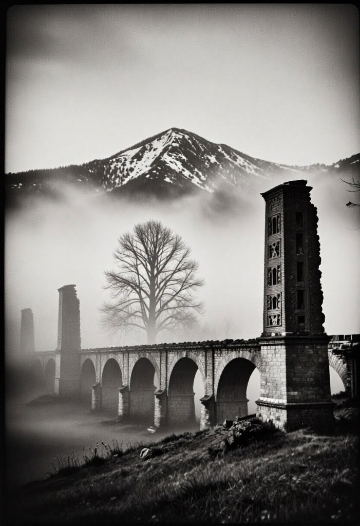 analog_feel,  a forgotten ruin from a world that no longer exists,  tall crumbling stone pillars with weathered carvings o...
