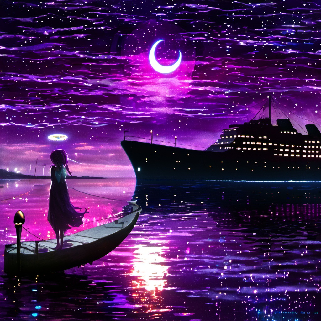 <lora:star_xl_v1:1>,The image portrays a serene nighttime scene by a body of water. The sky is painted with hues of purple, blue, and a crescent moon. The water reflects the colors of the sky and the lights from the ship. On the left, a silhouette of a girl stands by the water's edge, gazing at the ship. She wears a dress and has a glowing headpiece. The ship, illuminated with lights, appears to be a large vessel with multiple decks. The entire scene is bathed in a magical ambiance, with sparkles and particles floating in the air, adding to the dreamy atmosphere., body of water, sky, crescent moon, water, ship, girl, dress, headpiece, decks, magical ambiance, sparkles, particles