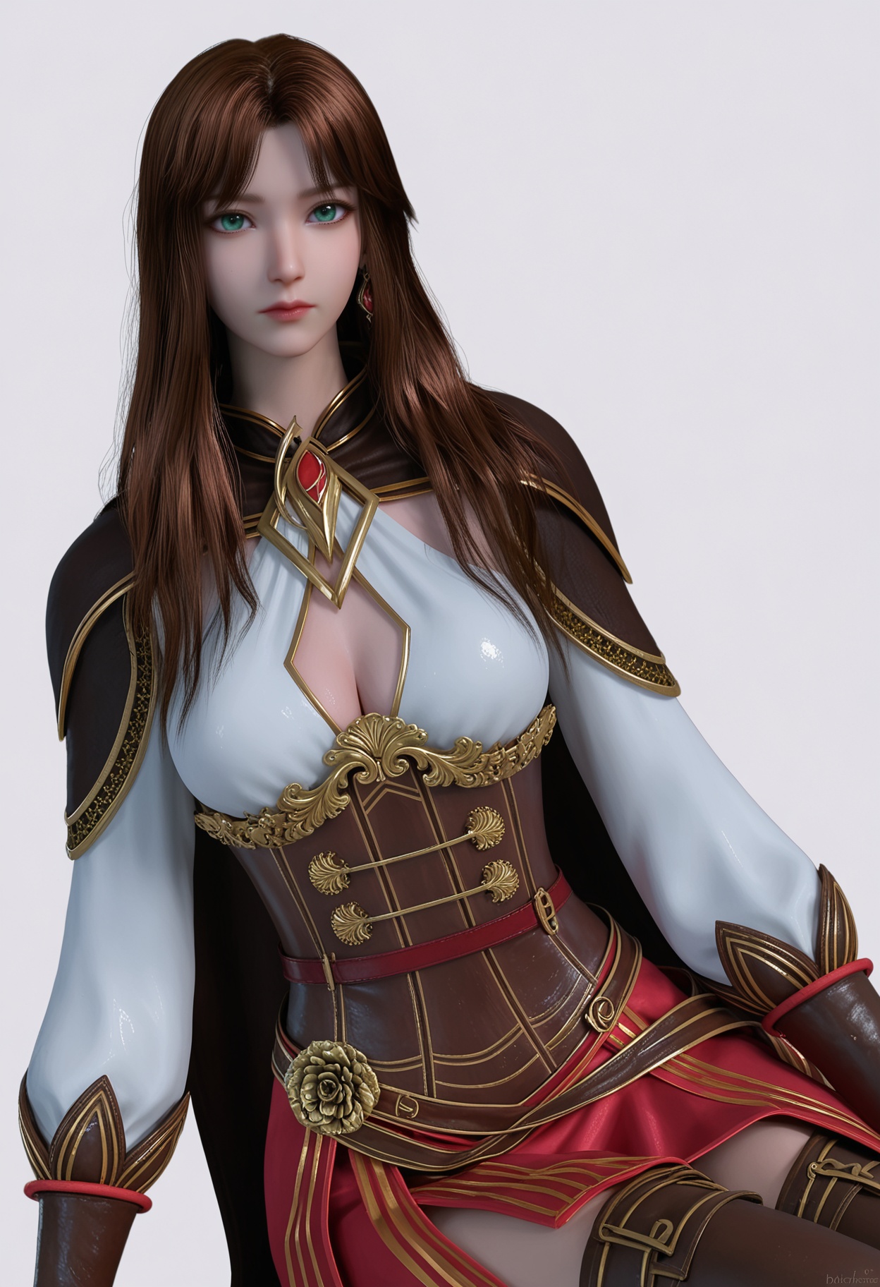 score_9,high detail,best quality,shiny skin,shiny,hedisaixier,1girl,solo,green eyes,long hair,brown hair,white background,breasts,cleavage,simple background,closed mouth,cleavage cutout,clothing cutout,lips,long sleeves,cape,skirt,jewelry,realistic,earrings,corset,looking at viewer,thighs,<lora:QQSponyhedisaixierV1:0.8>,<lora:Pony_DetailV2.0:0.8>,<lora:皮肤凹痕:0.1>,