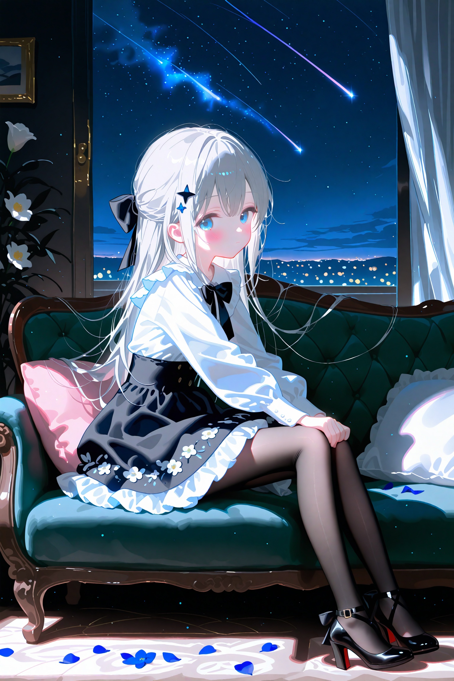 loli,1girl,solo,shooting star,blue eyes,star (sky),long hair,window,curtains,high heels,pantyhose,starry sky,black pantyhose,skirt,black footwear,couch,looking at viewer,frills,sitting,night,frilled skirt,grey hair,bow,sky,shirt,night sky,holding,long sleeves,white shirt,gem,black skirt,on couch,black bow,jewelry,indoors,pillow,ribbon,from side,closed mouth,bowtie,hair between eyes,star (symbol),hair bow,high-waist skirt,very long hair,blush,blue gemstone,hair ornament,full body,black bowtie,hair ribbon,floral print,petals,hand on own leg,looking to the side,