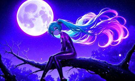 surreal, 1girl,hatsune miku,purple bodysuit, very long hair, floating hair,glowing hair, night scene,large moon in the sky,purple hues,starry night,dreamlike atmosphere,glowing edges,mystical,high contrast,ethereal light,sitting on a tree branch,light particles,looking at viewer,, masterpiece,best quality,amazing quality,