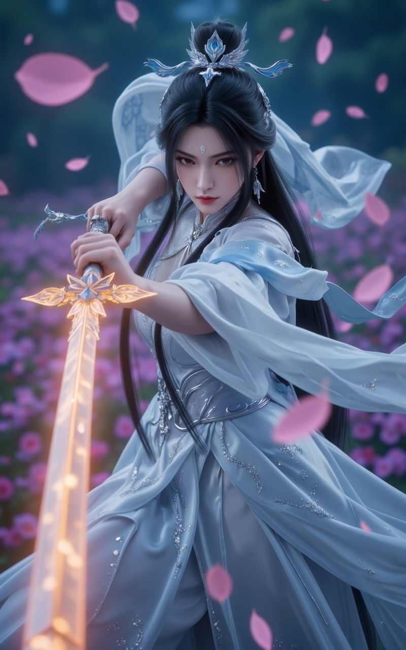 <lora:陆师姐10:0.8>,luxueqi,an antique beauty in a white dress,makeup is very but very delicate,senntakuya,white hanfu,black hair,holding a glowing sword in his right hand,make the move of swinging a sword,the sword is long and beautiful,eyebrows with imprint,long hair,some serious expression,clothes and hair sway in the wind,the background is a flower field under the night sky,with a lot of leaves and lace flying in the air,close-up,(cowboy_shot:1.2),<lora:时尚滤镜10:0.2>,Close-up details,outstanding style,adding a touch of dimension to your images without compromising details,whirls of vapour,iridescent textures,(Anime:1.1),ethereal ambiance,delicate details,magical high-concept,32K UHD,sharp focus,best-quality,masterpiece,golden hour,unconventional supreme masterpiece,masterful details,temperate atmosphere,with a high-end texture,in the style of fashion photography,photography,cover,Dynamic Angle,Dynamic posture,(artist:quasarcake:0.8),extreme aesthetic,(wlop:0.6),(honjou raita,lack,rella:0.5, wanke),masterpiece,best quality,good quality,news,very aesthetic,absurdres,Visual impact,A shot with tension,ultra-high resolution,32K UHD,sharp focus,best-quality,masterpiece,Emotionalization,unconventional supreme masterpiece,masterful details,temperate atmosphere,with a high-end texture,in the style of fashion photography,(Visual impact:1.2),giving the poster a dynamic and visually striking appearance,impactful picture,offcial art,colorful,splash of color,movie perspective,masterpiece,best quality,amazing quality,very aesthetic,absurdres,best quality,newest,