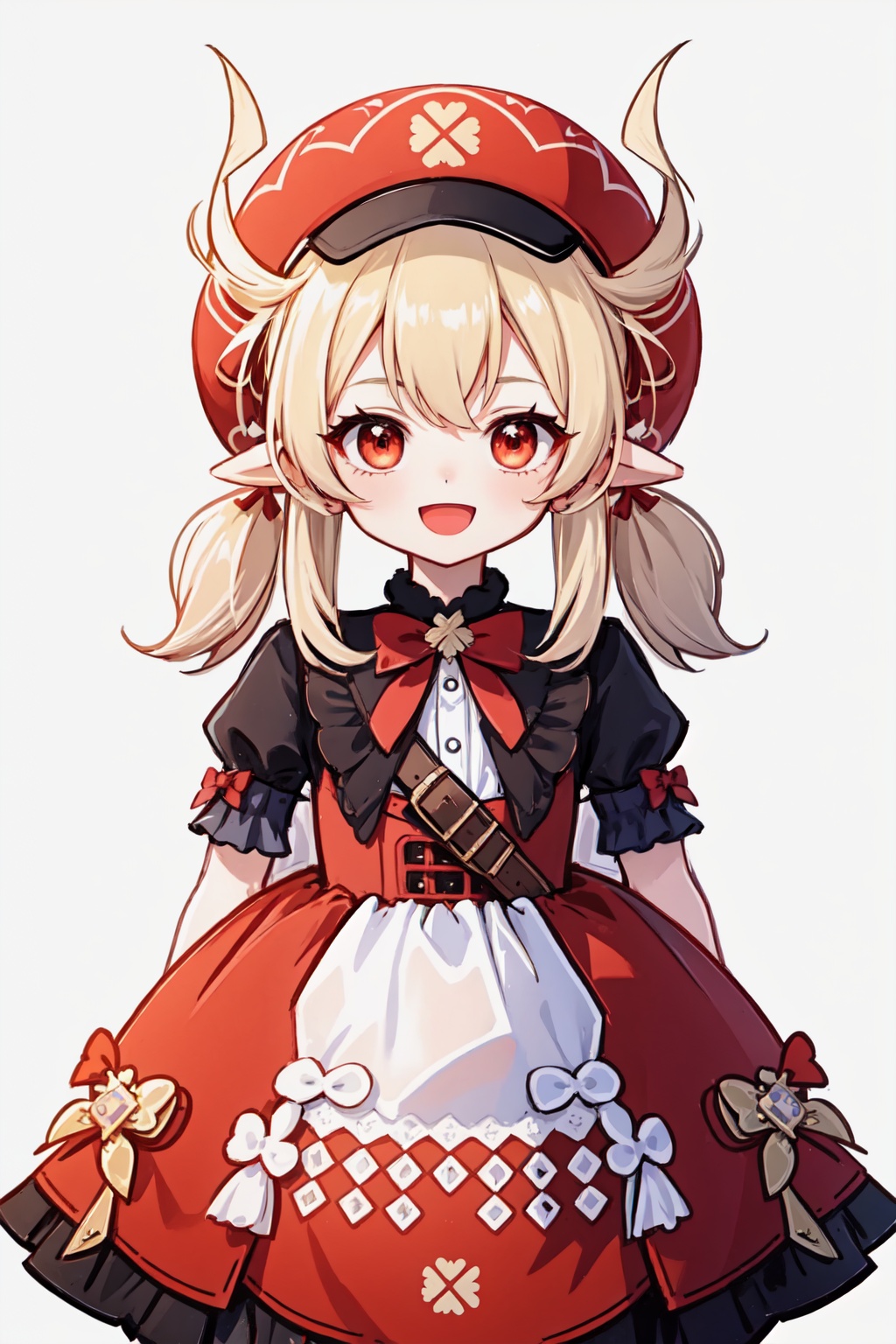 klee_(genshin_impact),1girl,ahoge,low_twintails,open_mouth,solo,looking_at_viewer,alternate_costume,sidelocks,red_headwear,:d,clover_print<lora:klee_(genshin_impact):1>,simple background,white backgroundmasterpiece,best quality, highly detailed, 