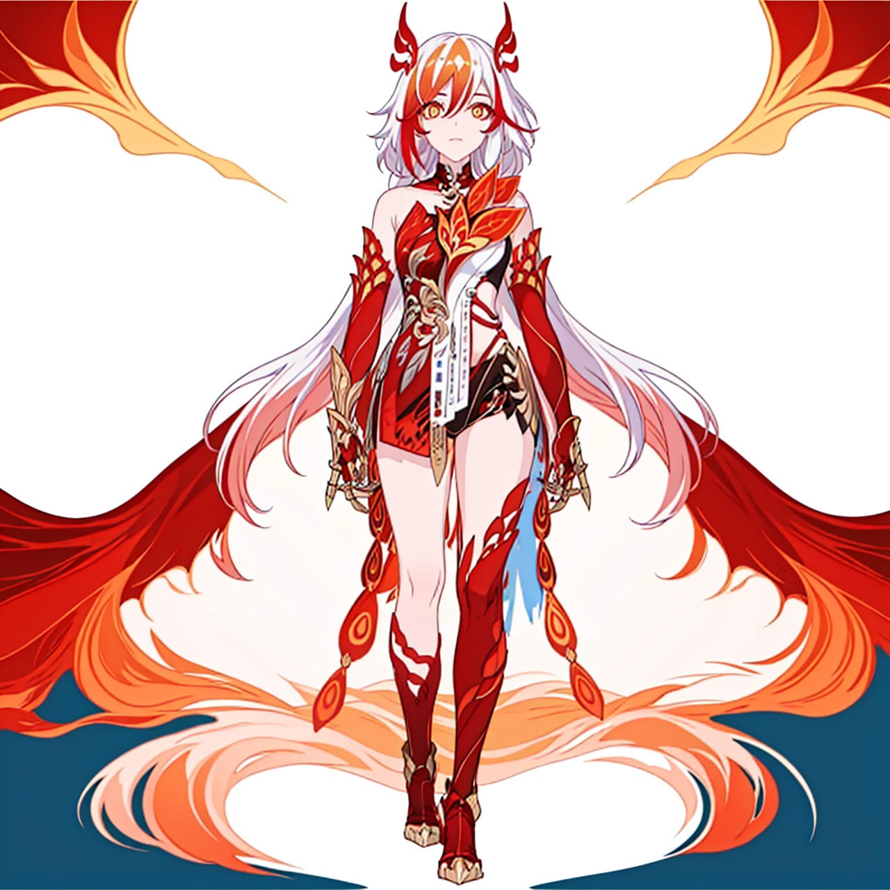 (masterpiece:1.3),(the best quality:1.2),(super fine illustrations:1.2),(Masterpiece),high quality,high detail,(white background:1.2),looking at viewer,(SOLO:1.4),outline,simple background,full body,<lora:符华-崩落-12.21ver:0.8>, messy hair,bare shoulders,gauntlets,mechanical parts,white skin,phoenix,shorts,collarbone,jewelry,twintails,eyelashes,elbow gloves,armor,red legwear,thighhighs,boots,facial mark,head wings,red gloves,two-tone hair,earrings,gloves,tassel,leotard,skirt,dress,elbow gloves,twintails,bare shoulders,tattoo,phoenix,ribbon,red ribbon,bangs,white hair,orange eyes,streaked hair,fu hua,orange hair,fiery hair,hair between eyes,multicolored hair,fiery wings,jewelry,hair ornament,gloves,hair ribbon,pattern on hair,logo,yellow pupils,diamond shaped pupils,