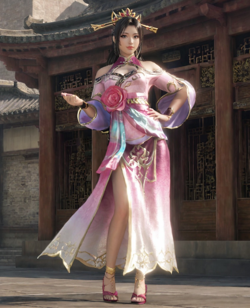 1girl,solo,dress,hair ornament,jewelry,black hair,sandals,chinese clothes,full body,bare shoulders,standing,anklet,bracelet,long hair,looking at viewer,architecture,pink dress,lips,clothing cutout,<lora:diaochan_8:0.7>,