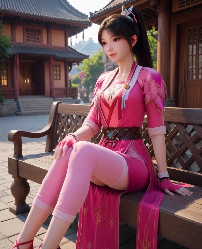 (oriental architecture, elegant decor, sophisticated style:1.1),(Sitting on a bench with legs crossed, smiling,:1.1),(breasts:1.2),<lora:XL修罗武神苏美:0.95>,miss sumei,pink dress,undies,belt,brown eyes,black hair,ponytail,clothing patterns,fingerless gloves,elastic pants,, score_9,score_8_up,score_7_up,score_6_up,score_5_up,score_4_up,3d rendering,tag1,tag2, Cinematic Lighting,backlighting,