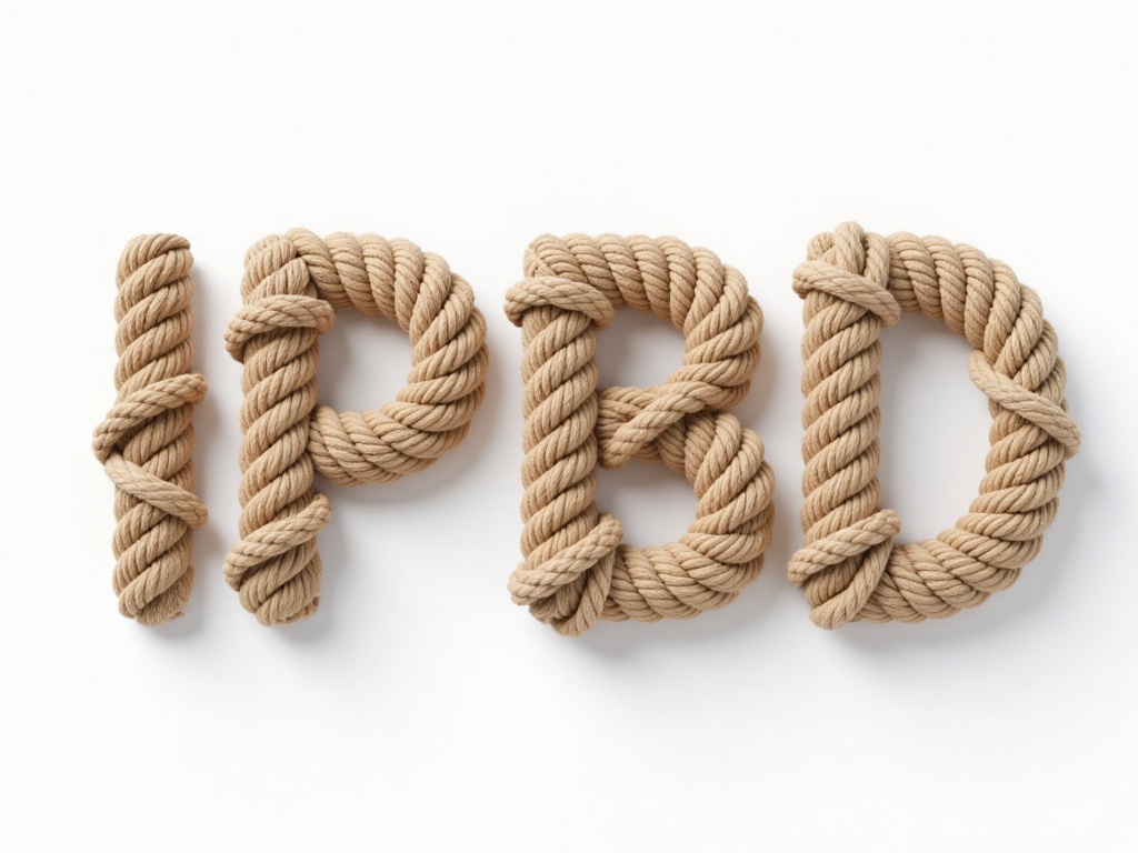 IPBD, Photograph of the word "IPBD" formed by thick, beige, knitted rope. The letters are intertwined with rope, creating a textured, nautical aesthetic. The background is plain white, emphasizing the rope's intricate patterns and the word's bold, three-dimensional appearance. The rope's texture is coarse and fibrous, contrasting with the smooth, clean background. 