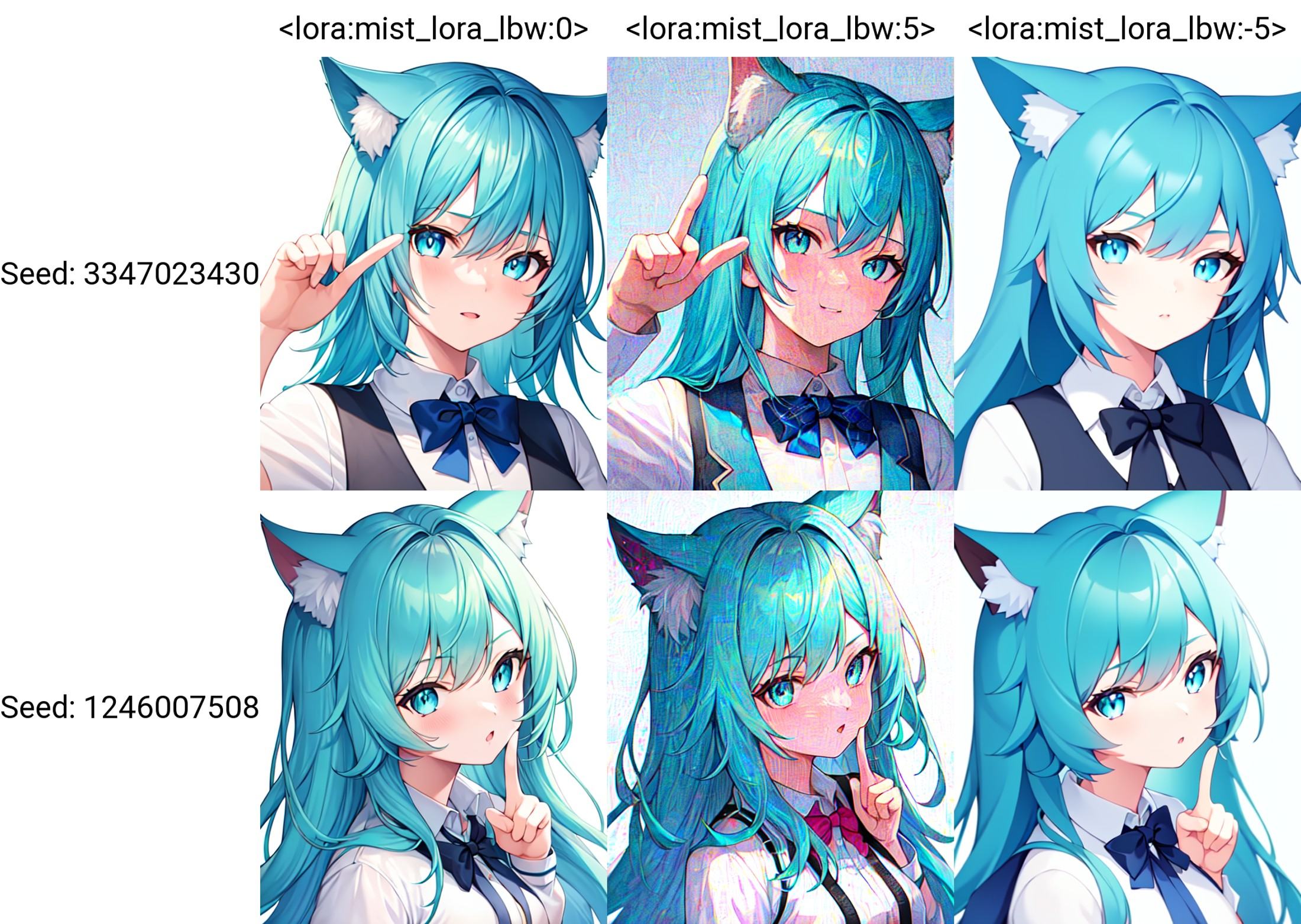 1girl, simple background,white background,aqua hair,cat ear,upper body,  school uniform, portrait, middle finger, looking at viewer,   <lora:mist_lora_lbw:0> , 