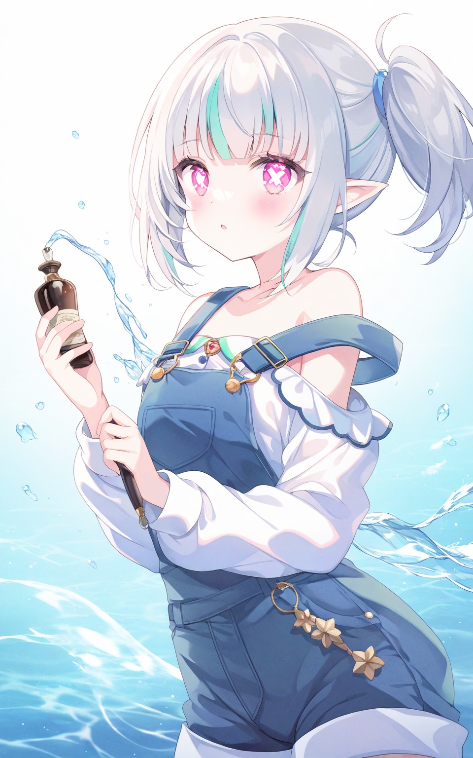 O,Noyu,Torino,0,Spring couplets,red envelopes,1girl,solo,bishoujo,elf,white_skin,shiny_skin,fair_skin,oil,slender,white hair,silver hair,streaked hair,ponytail,Side ponytail,short ponytail,elf ears,pointy_ears,pink eyes,pink eyeshadow,glowing_eye,water_eyes,x-shaped_pupils,bare shoulders,narrow_waist,magical_girl,school_uniform,sailor,maid,overalls,