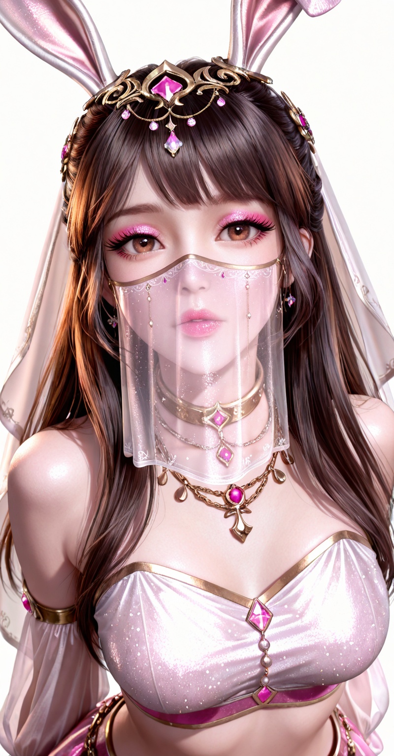 masterpiece,high quality,tall,game cg,highres,(soft light:1.2),white_skin,(shiny_skin:0.6),(realistic:1.1),<lora:小舞·衣服百搭款款·化妆:0.6>,xiaowu,1girl,animal ears,solo,rabbit ears,brown hair,hair ornament,long hair,closed,eyelashes,glitter,mascara,pink eyeshadow,pink lipstick,eyeshadow,1girl,solo,veil,long hair,chain,mouth veil,jewelry,looking at viewer,necklace,arabian clothes,crop_top,skirt,25,simple background,white_background,(collar top:1.2),