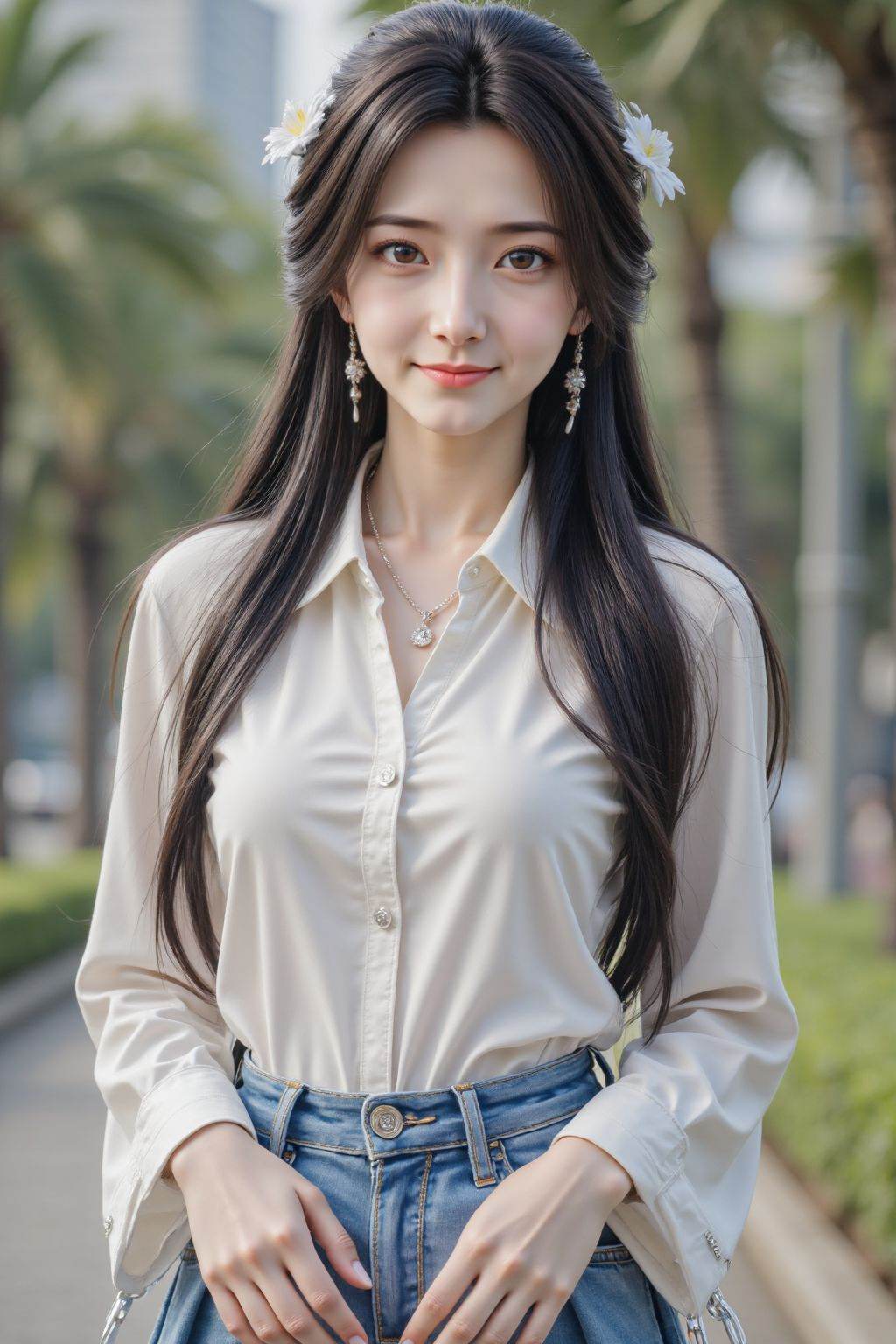 HDR photo of cinematic film still, 1girl, solo, long hair, looking at viewer, skirt, brown hair, shirt, black hair, hair ornament, smile, brown eyes, jewelry, white shirt, flower, outdoors, necklace, jeans, realistic, <lora:20251026_TinFlux1_5_Epoch10:1>