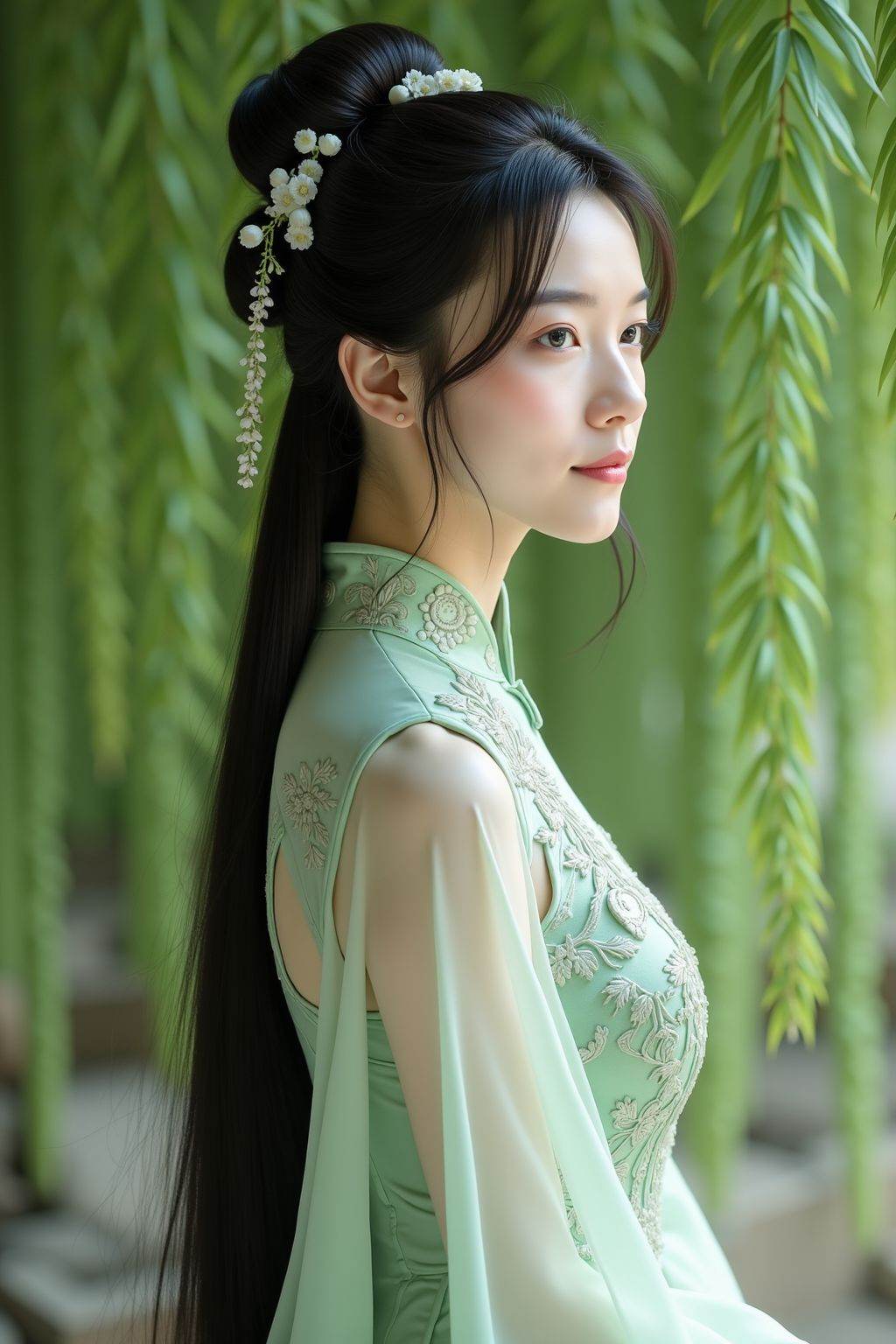 This is a photograph of a young East Asian woman with fair skin,  long black hair styled in an elegant updo adorned with s...