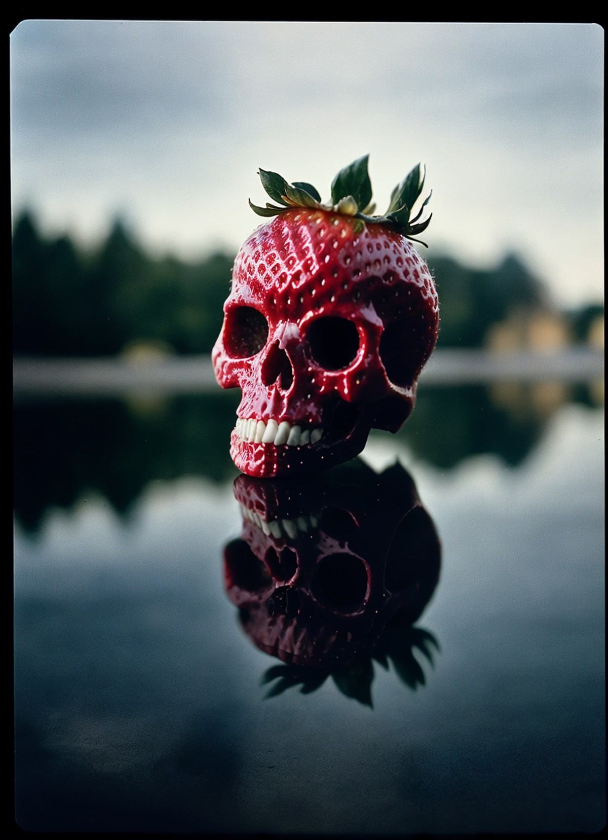 (close up,  delicious strawberry death skull,  very detailed scenery on Tensor.Art