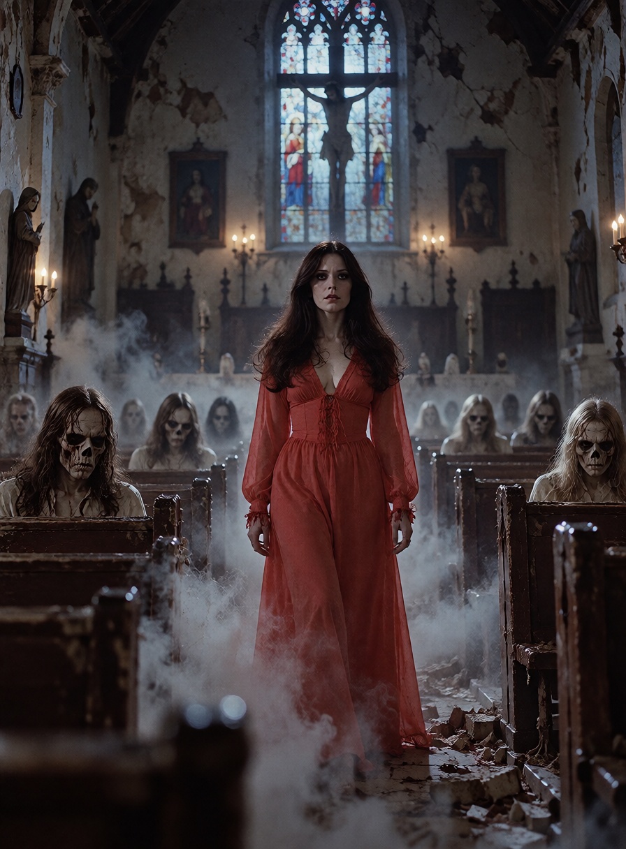 .An ***** woman with long dark hair stands inside an abandoned Southern Gothic church,  wearing a blood-red silk dress,  r...
