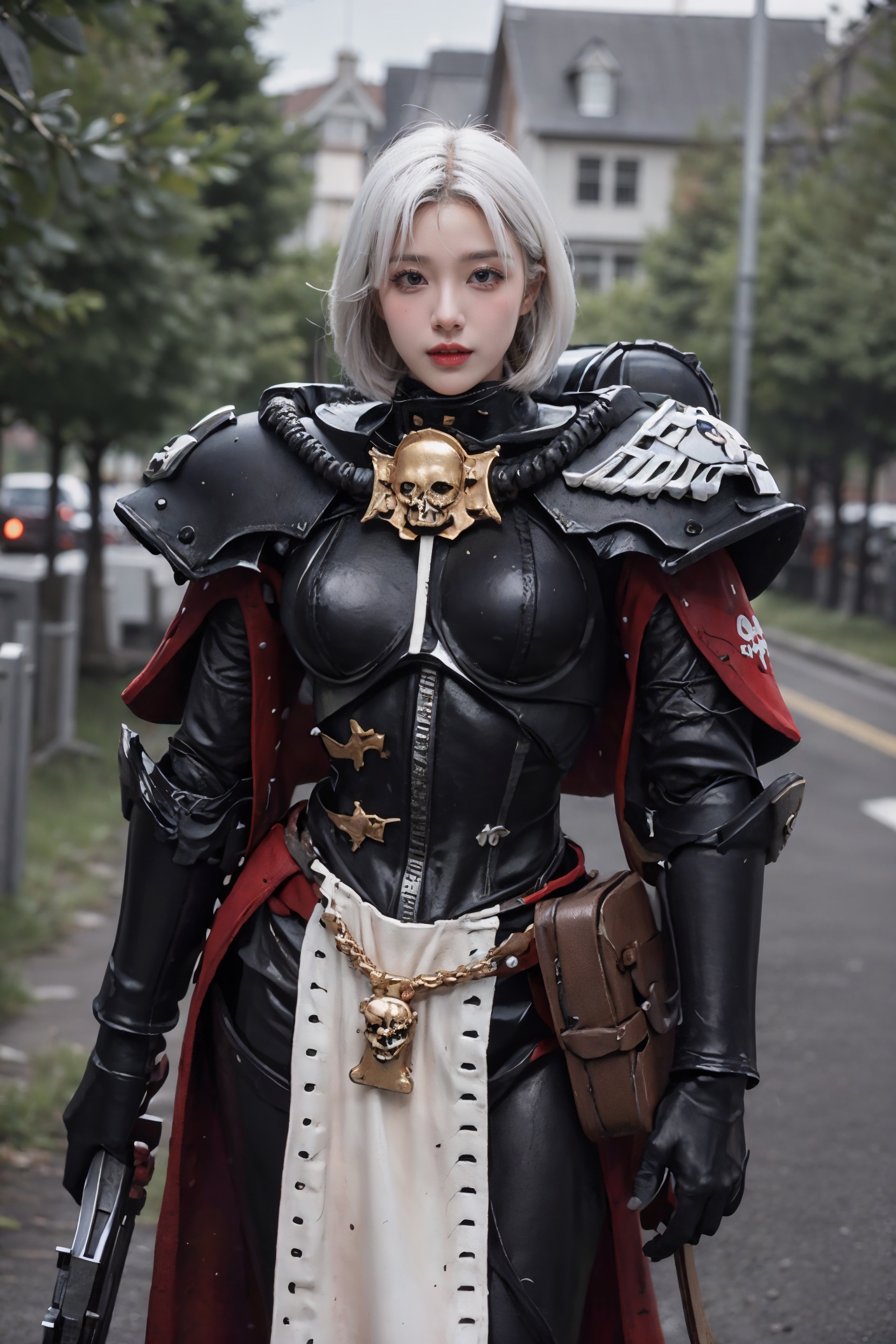 masterpiece,best quality,(photorealistic:1.4),(ultra detailed:1.3),masterpiece,unity 8k wallpaper,pelvic curtain,1girl,Sisters of battle,power armor,solo,skull,shoulder armor,pauldrons,white hair,short hair,boobplate,<lora:Sisters_of_battle-000009:0.7:lbw=TEXT1>,upper body,outdoors,