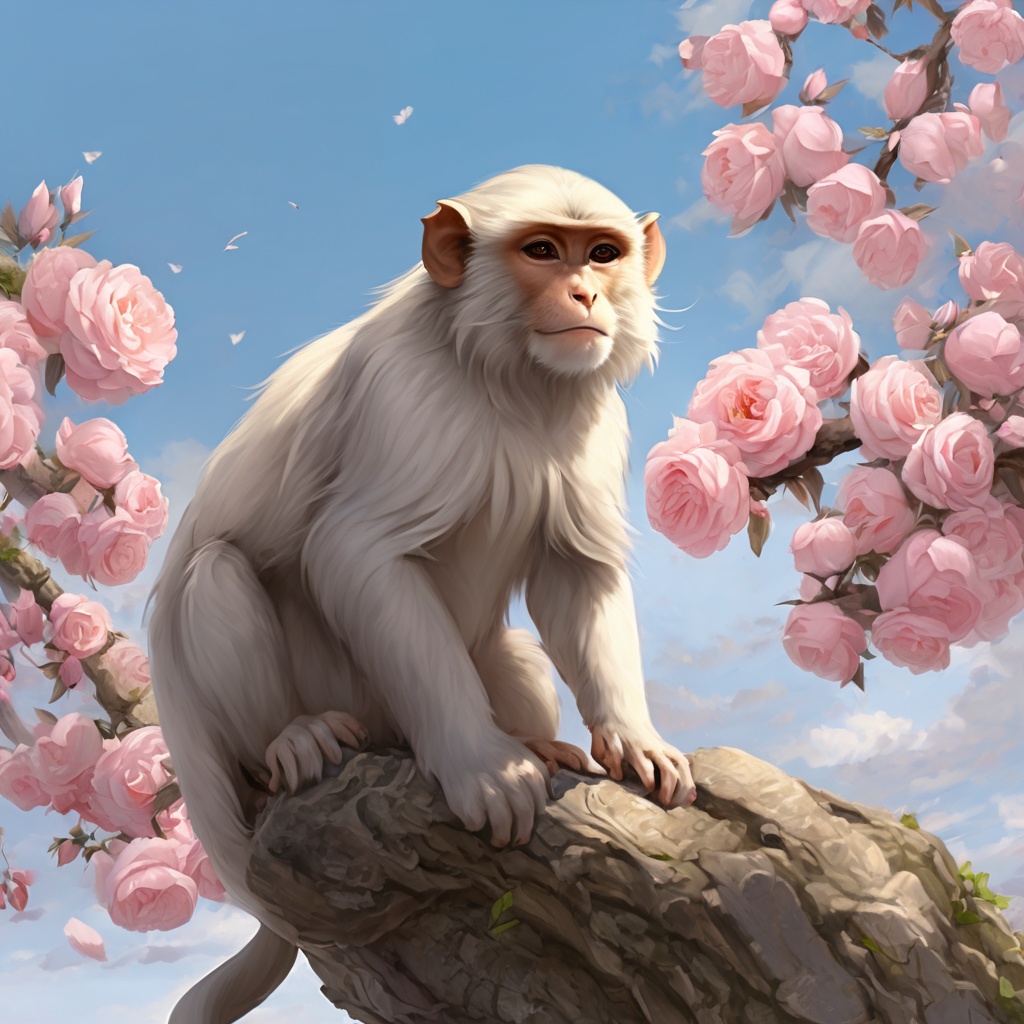 gufengstyle,masterpiece, Little monkey, Lovely, In the middle of the picture, Mid-range, Outdoor, Light blue sky, Clouds, Garden, Big tree, Pink roses, Collar, Furry, Twelve signs of the Chinese zodiac, textured skin, super detail, best quality<lora:gufengstyleSDXL-000016:1>