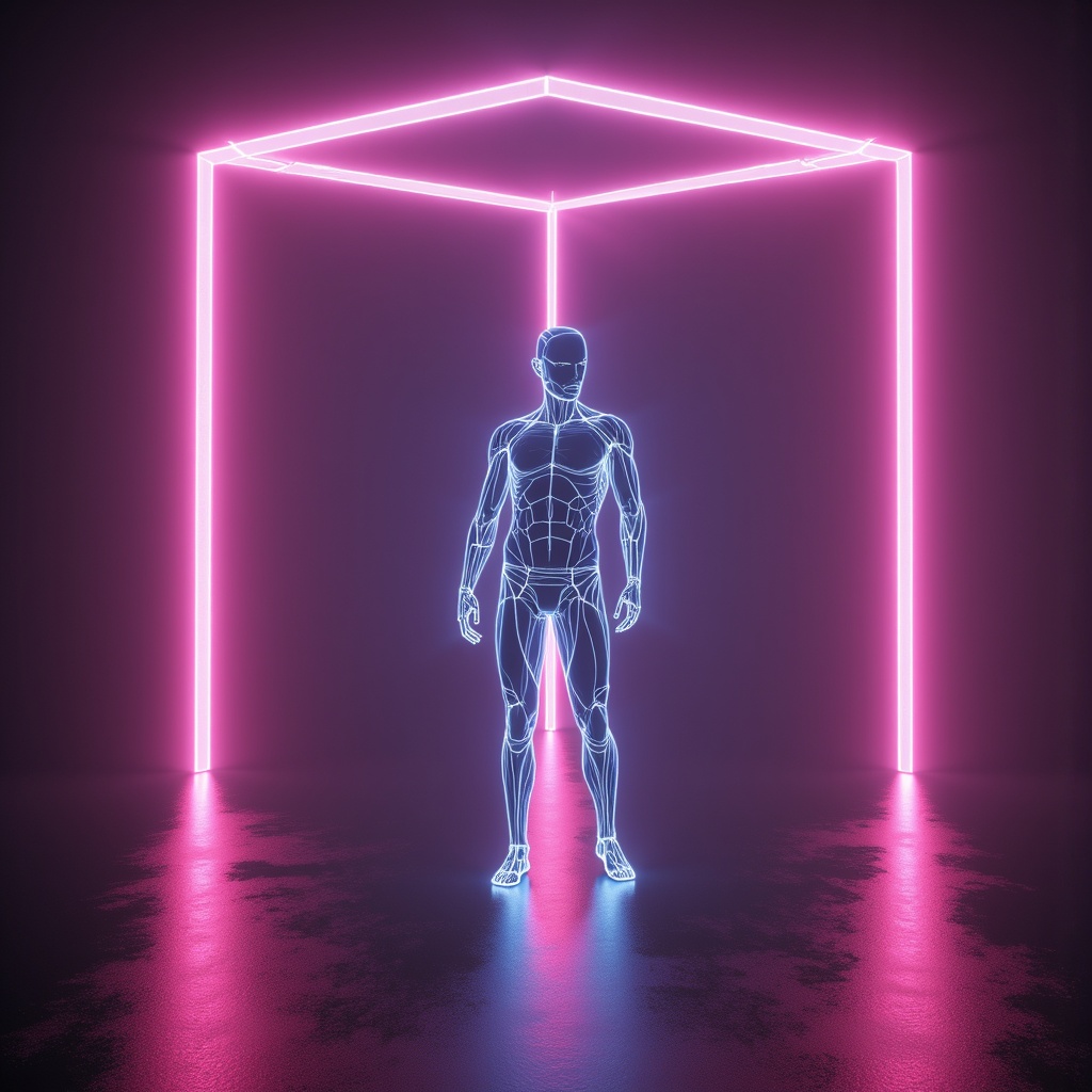arafed image of a man standing in a neon light,ash thorp,cgsociety 9,3 d render of a full female body,glowing neon vray,Mike Winkelmann,greg beeple,xparticles,gynoid body,octane render : :,full body cgsociety,beeple art,beeple masterpiece,digital human,beeple |,futuristic robot body,3d render of a man's body,rendred in redshift,wlop : : 6 octane render : :3,full body 8k,physicality-based render,3 d sculpture 8 k octane render,3 d neon art of a womens body,quality astral projection render,symetric body,beeple and mike winkelmann,cinematic beeple,3 d geometric neon shapes,dmt imagery. octane render,glowing neon skin,beeple artwork,octane render aesethic,beeple global illumination,