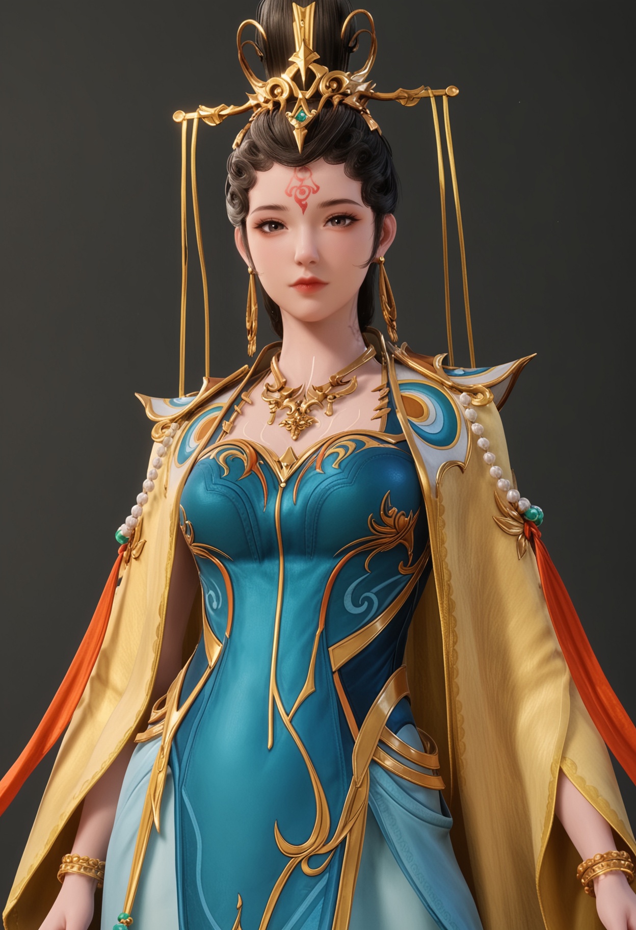 (perfect_anatomy:1.1),(cowboy shot:1.1),<lora:YQ_pony_nvwa_V4:0.8>,q1528437228,solo,jewelry,1girl,black hair,earrings,brown eyes,forehead mark,hair ornament,brown hair,necklace,dress,hair bun,chinese clothes,long hair,bracelet,blue dress,long sleeves,wide sleeves,cape,robe,single hair bun,facepaint,short hair,updo,armor,hat,black eyes,(looking_at_viewer:1.1),perfect_anatomy BREAK perfect_anatomy,solo focus,(score_9:1.2),masterpiece,(best quality:1.1),(simple background,pure black background,black background:1.1),perfect_anatomy,