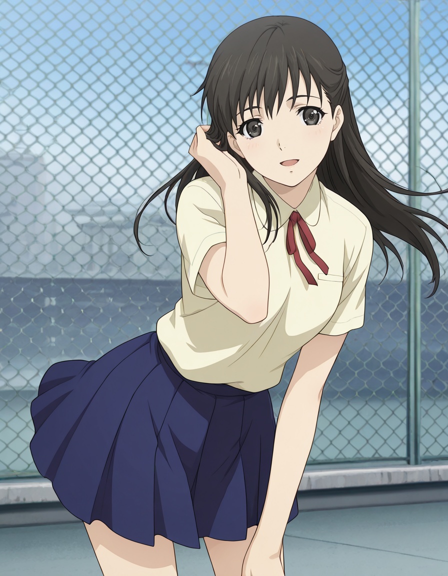 masterpiece, best quality, amazing quality,1girl, solo, standing, v arms, rooftop, school, chain-link fence, hand in own hair, smile, open mouth, wind, floating hair, head tilt, leaning forward,<lora:mio_fujieda-requiem_for_the_phantom_s1-ixl-anime-soralz:1>, mio fujieda (requiem for the phantom), long hair, half updo, single sidelock, black hair, black eyes, hair behind ear,school uniform, beige collared shirt, neck ribbon, short sleeves, blue pleated skirt, white kneehighs,, <lora:StS-Illustrious-Detail-Slider-v1.0:3>