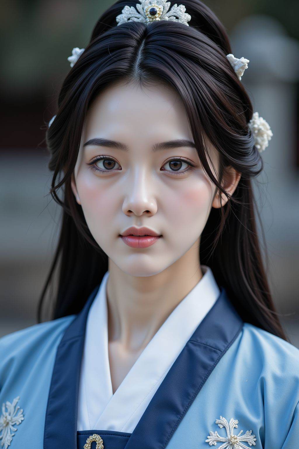 Cinematic photo a photograph of a woman with fair skin and long black hair,blue and white hanfu,