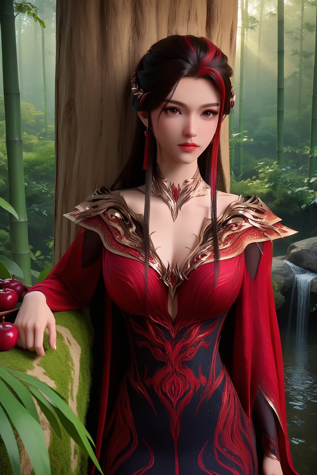 (Resting against a tree trunk in a blooming cherry orchard, she embodies the ephemeral beauty of spring:1.2),looking at viewer,<lora:XL16神国之上赵襄儿皇服:0.85>,miss zhaoxianger,black corset evening gown with red embroidery,brown eyes,black hair,red streaked hair,very long hair,hair ornament,(large breasts:1.2),bamboo forest,water,stone,pondel,, score_9,score_8_up,score_7_up,score_6_up,score_5_up,score_4_up,3d rendering,tag1,tag2, Cinematic Lighting,backlighting,